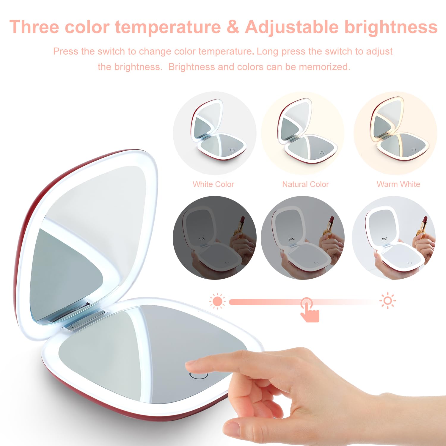 Mocado 4-Inch Compact LED Travel Makeup Mirror - 1X/10X Magnification with Dimmable Light, USB Rechargeable, Dual-Sided Portable Mirror for Purse, Pocket & Travel (Wine Red) - Perfect for Home, Office, Hotel & On-The-Go Touch Ups