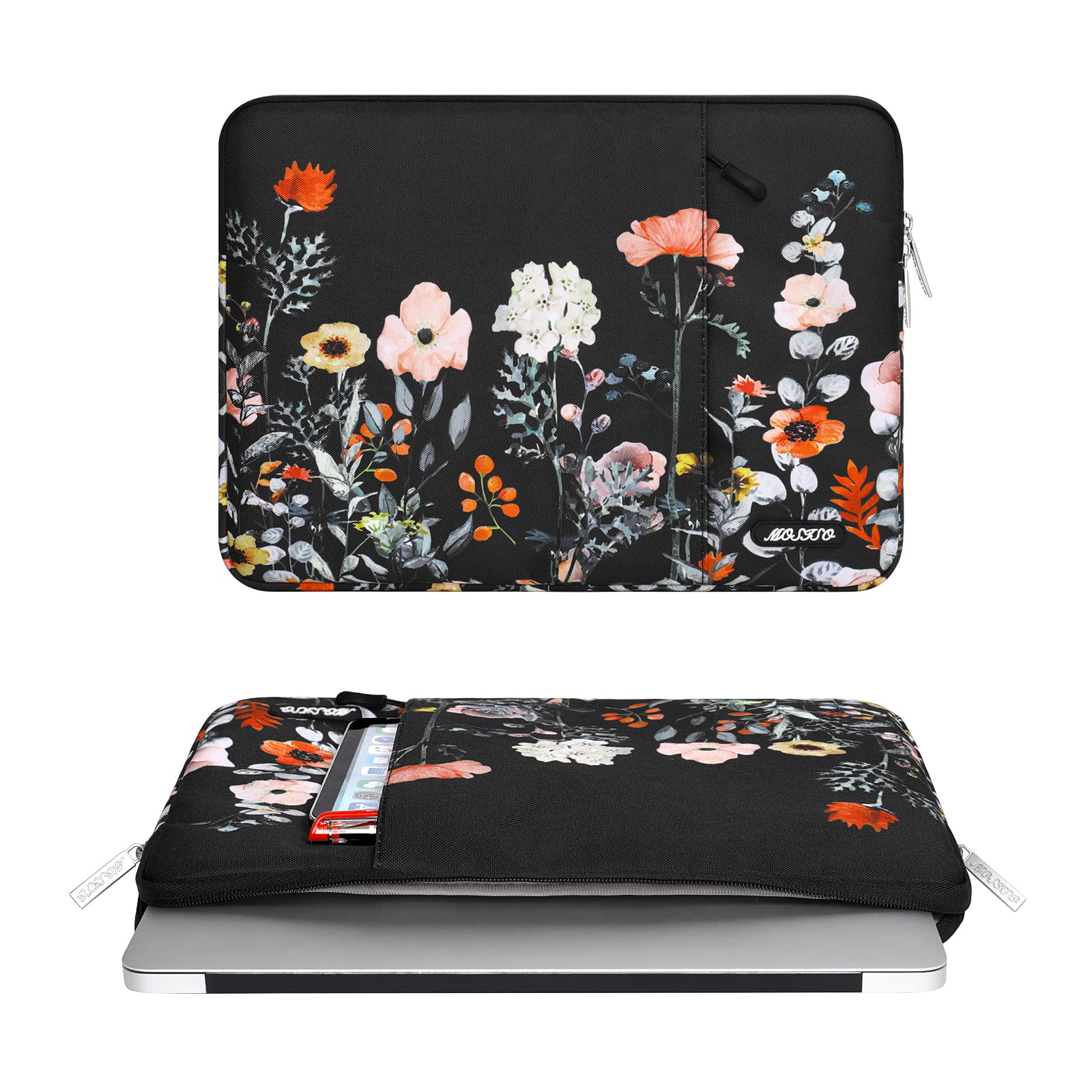 Premium MOSISO Laptop Sleeve for MacBook Air/Pro 13-13.3 inch & MacBook Pro 14 inch 2021-2023 (M1/M2 Models) - Stylish Garden Flowers Polyester Vertical Case with Protective Pocket (Black) - Perfect for Work, Travel & School Commute