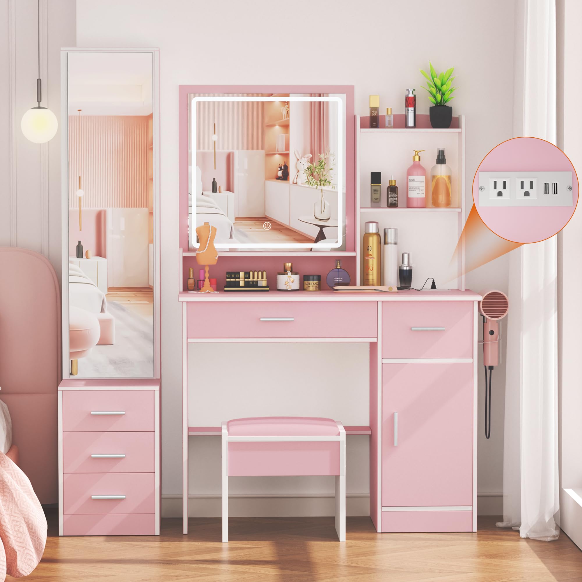 Greenvelly White Makeup Vanity Desk with LED Lights & 2 Mirrors - 3 Lighting Modes, Stool & Drawers - Dressing Table for Women & Girls Bedroom, Perfect for Makeup Application & Beauty Routine