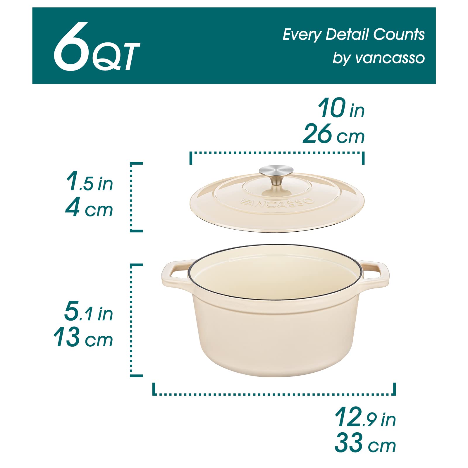 Vancasso 6 QT Enameled Cast Iron Dutch Oven with Lid - Dual Handles, Non-Stick Coating for Baking Bread, Soups & Stews - Perfect for Kitchen, Camping & Outdoor Cooking (White)