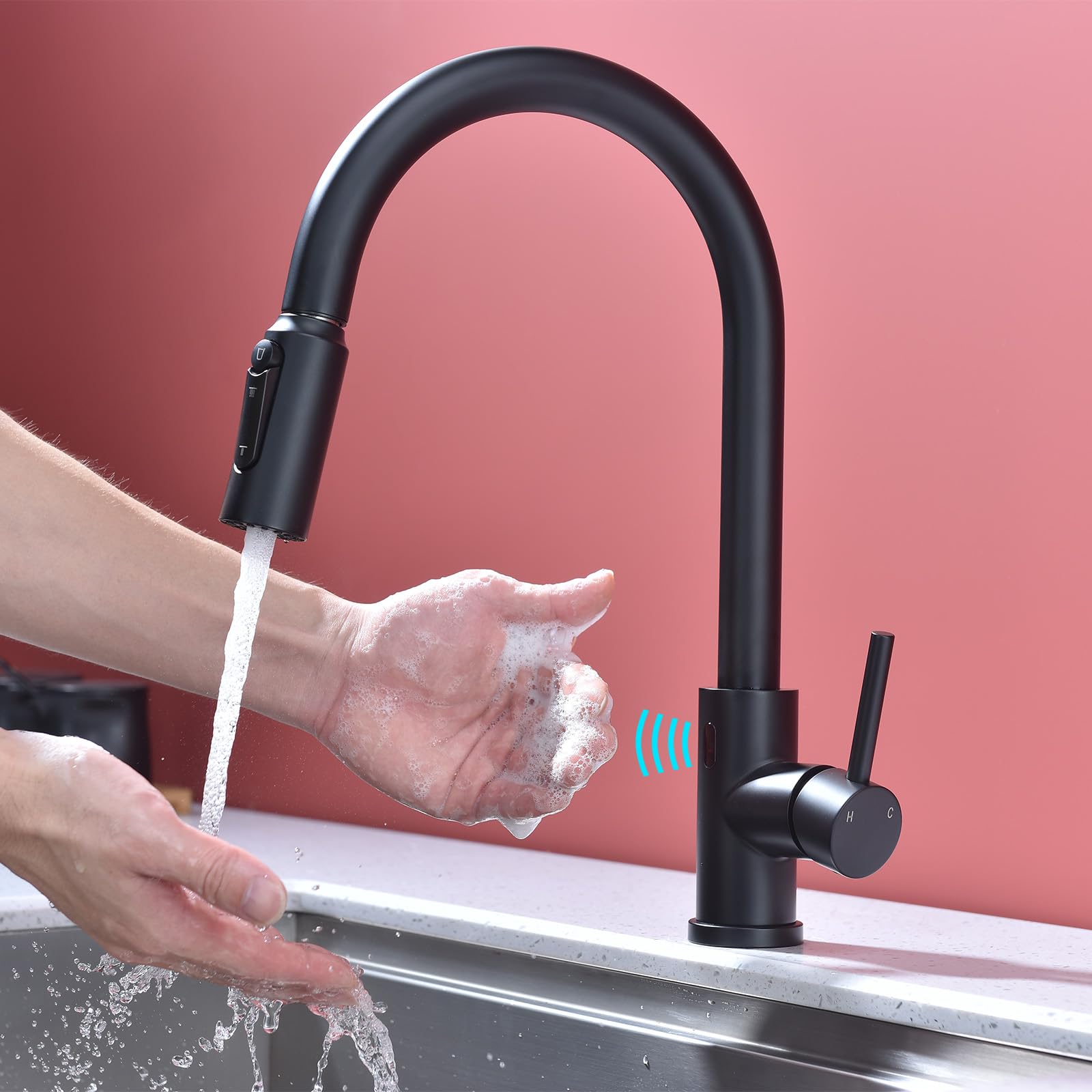 Matte Black Kitchen Faucet 3-in-1 with Pull Out Sprayer - Touchless Single Handle Sink Faucet with Drinking Water Function | Perfect for Modern Kitchens, Restaurants & Food Prep Areas