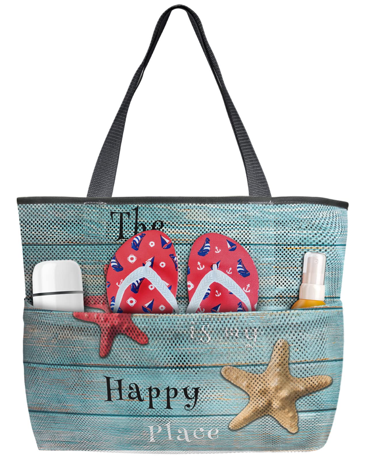 Waterproof & Sandproof Beach Tote Bag for Women - Large Blue Ombre Wooden Stripes Mesh Bag with Zipper & Pockets | Perfect for Summer Beach Trips, Pool Parties & Outdoor Picnics