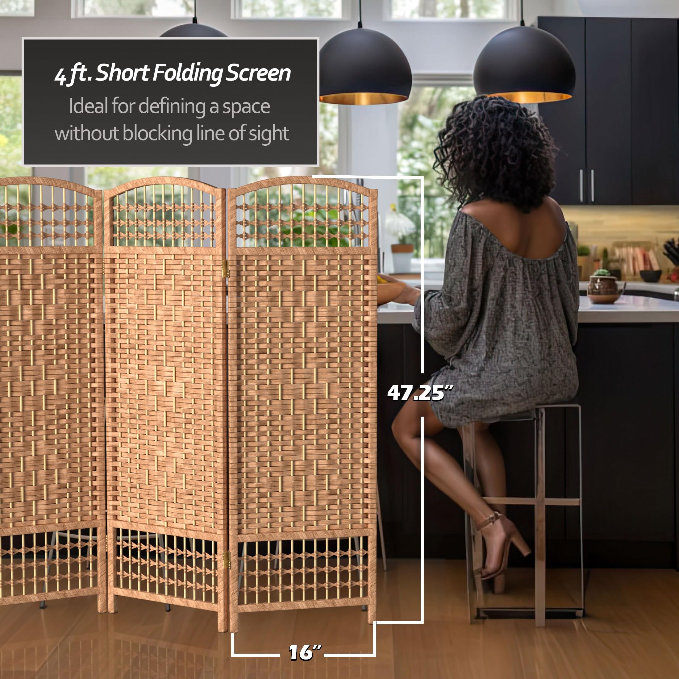 4 ft. Natural Short Fiber Weave Folding Room Divider - 6 Panel Privacy Screen for Home, Office & Outdoor Use - Perfect for Creating Separate Spaces in Living Rooms, Bedrooms or Patios