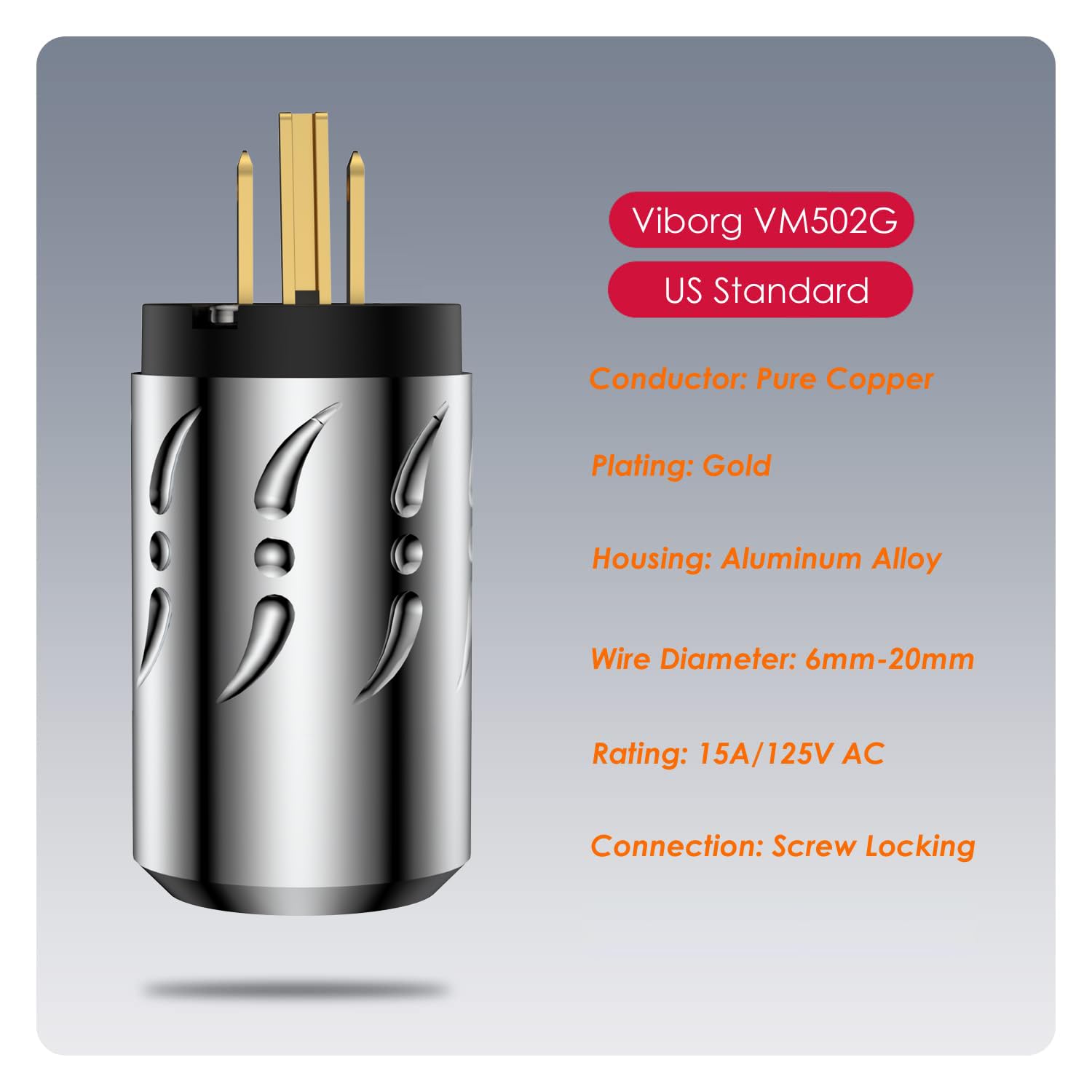 Premium Viborg VM502G+VF502G Gold-Plated Pure Copper Non-Magnetic AC Power Plug & IEC C15 Connector - HiFi Audiophile Grade for DIY Power Cables - Perfect for Home Theater Systems, High-End Audio Equipment & Professional Studio Setups