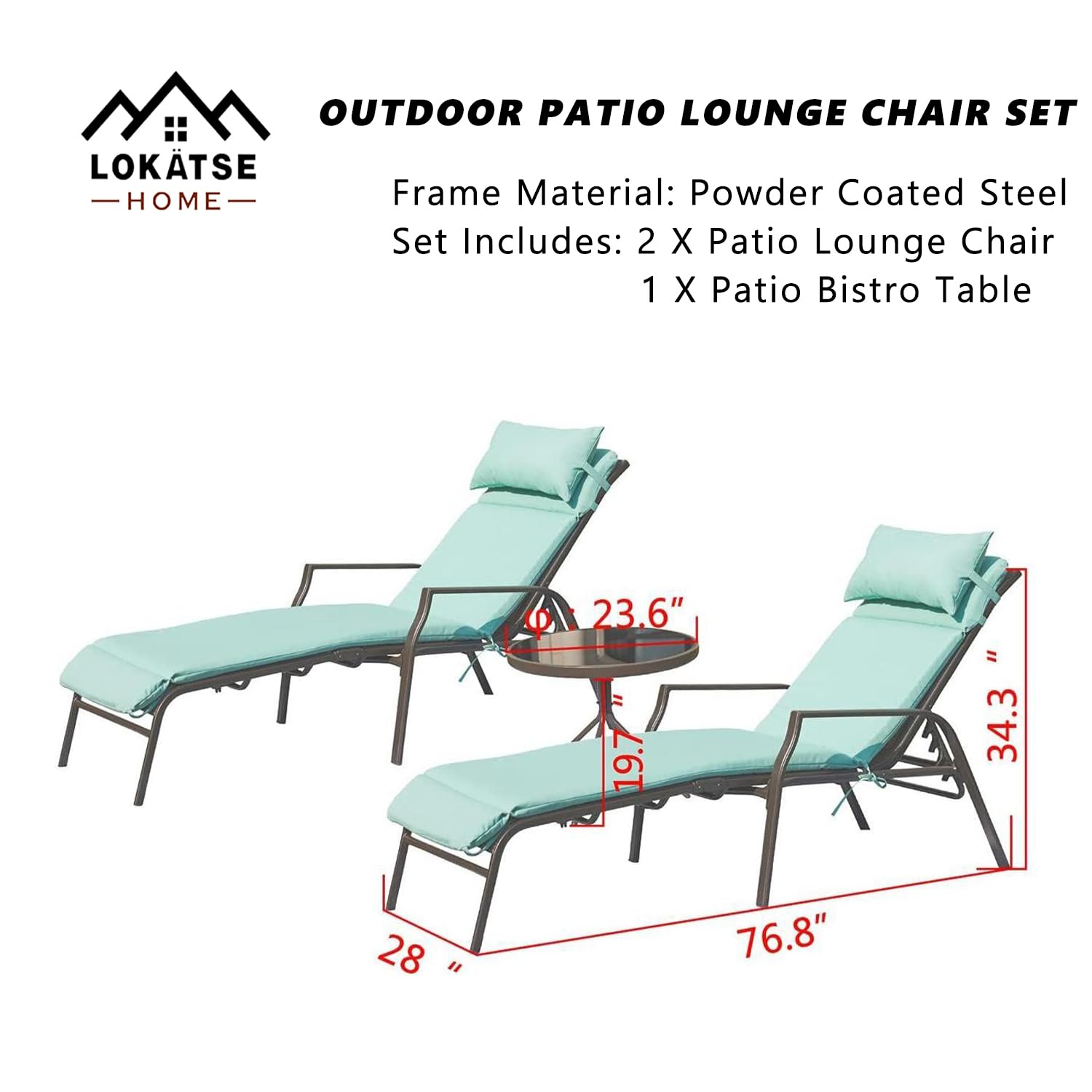 LOKATSE HOME 3-Piece Outdoor Patio Chaise Lounge Chair Set with Cushions & Side Table - Light Blue Waterproof Wicker Furniture for Poolside, Garden, Backyard Relaxation