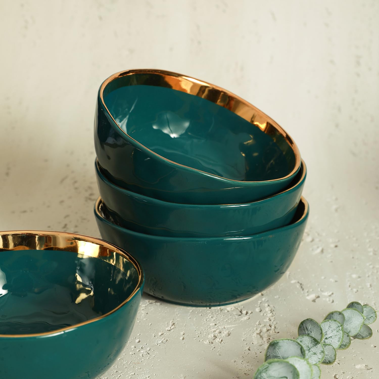Florian Modern Porcelain 16-Piece Dinnerware Set - Green & Gold Rim Plates & Bowls for 4 - Elegant Stone Lain Dish Set for Dining, Entertaining & Everyday Use