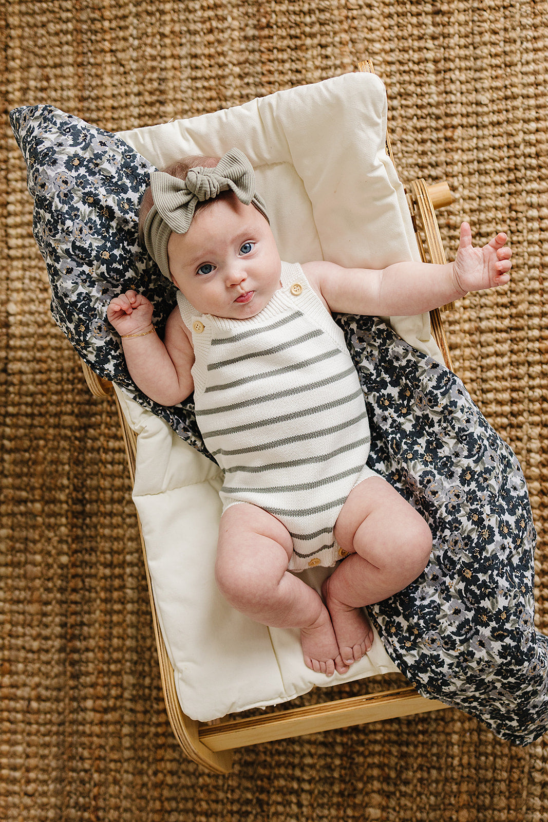 Sage Green Stripe Knit Bubble Romper for Baby Girls - Soft & Comfortable Outfit for Playdates, Photoshoots & Casual Wear