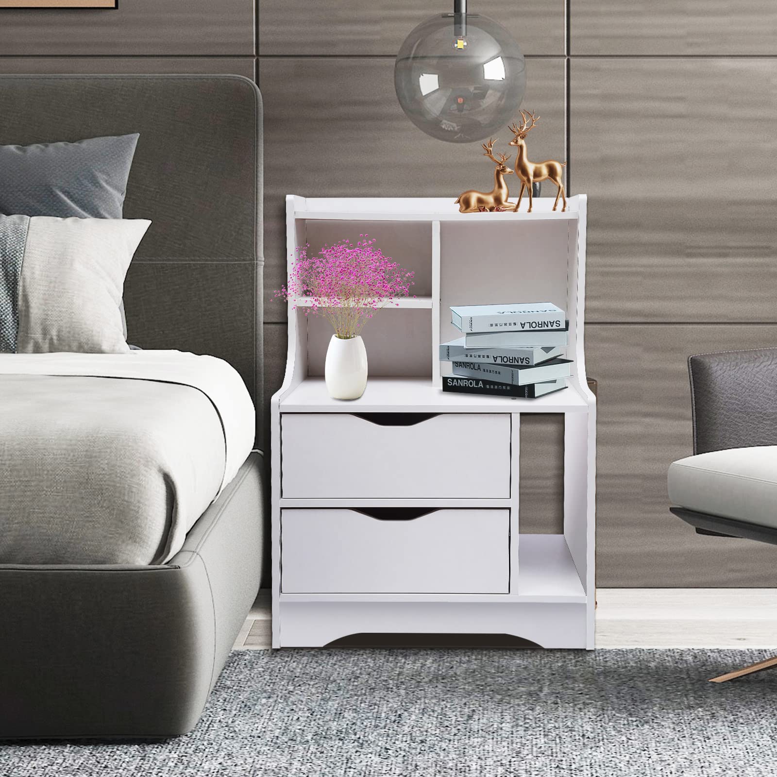 Stylish White Wooden Nightstand with 2 Drawers - Modern Bedside Table Cabinet for Bedroom, Living Room & Home Decor - Perfect for Storage, Reading Nook & Small Space Organization