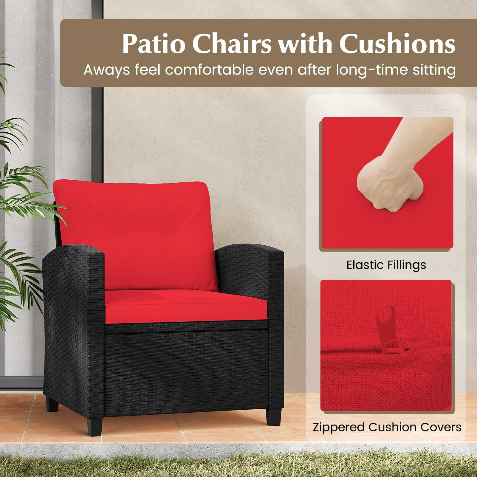 Tangkula 3-Piece Outdoor Patio Furniture Set - Rattan Wicker Sofa Set with Soft Cushions & Glass Coffee Table - Durable Conversation Set for Backyard, Porch, Poolside, Garden (Red) - Perfect for Relaxing, Entertaining & Outdoor Gatherings