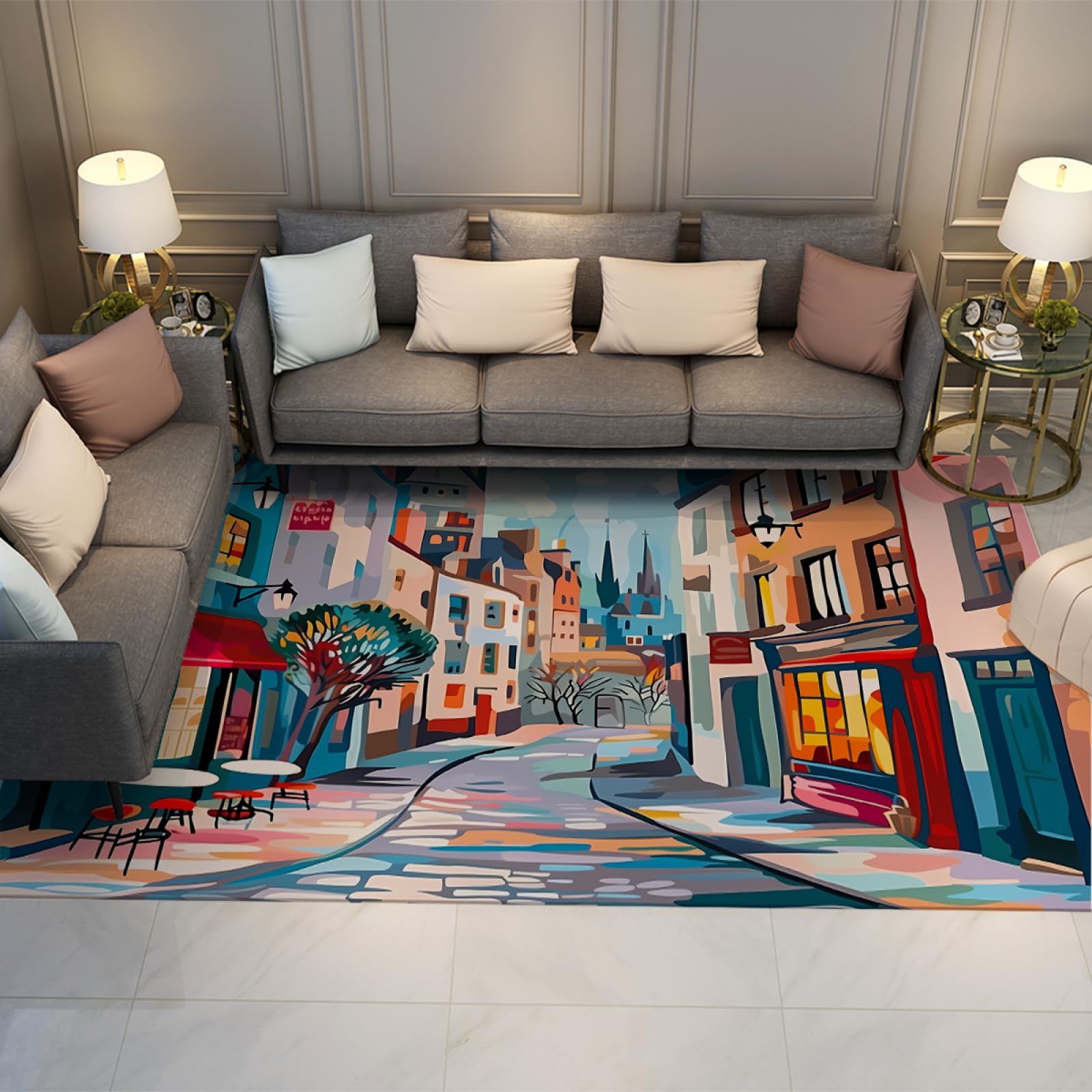 3'x5' Cartoon Street Scene Area Rug - Soft Machine Washable Nordic Farmhouse Carpet for Living Room, Bedroom & Office - Perfect for Kids' Playroom, Dorm Decor and Cozy Home Spaces