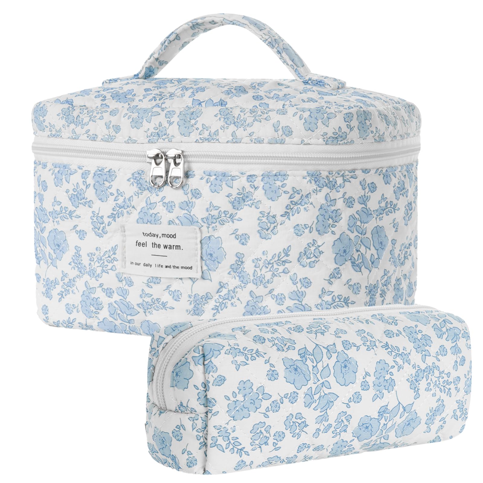 Floral Makeup Bag Set - Quilted Cotton Cosmetic Organizer for Travel & Toiletries | Coquette Aesthetic Flower Design | Perfect for Vacation, Gym, Bridal Shower & Daily Essentials Storage