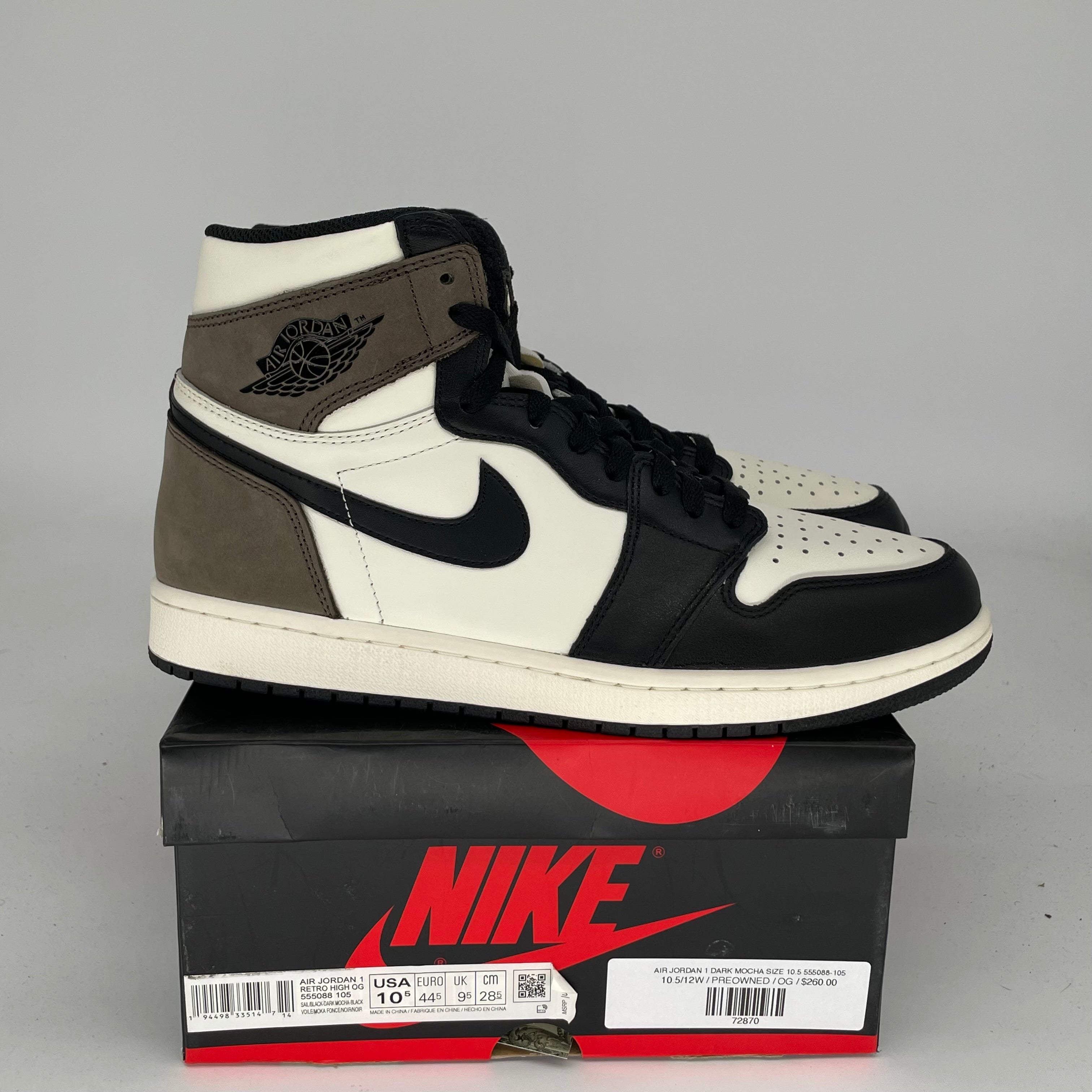 AIR JORDAN 1 DARK MOCHA Sneakers - Men's Size 10.5 (555088-105) - Retro High OG Basketball Shoes for Streetwear & Casual Style