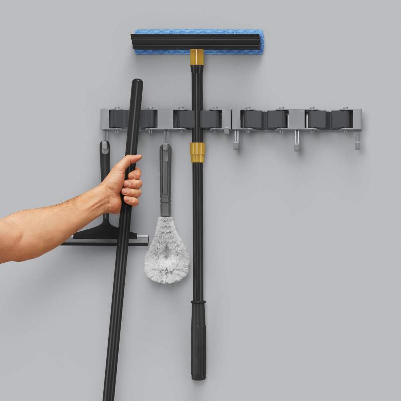 Wall Mounted Tool Organizer - Heavy Duty Broom & Mop Holder with Hooks for Garage, Kitchen, or Utility Room Storage