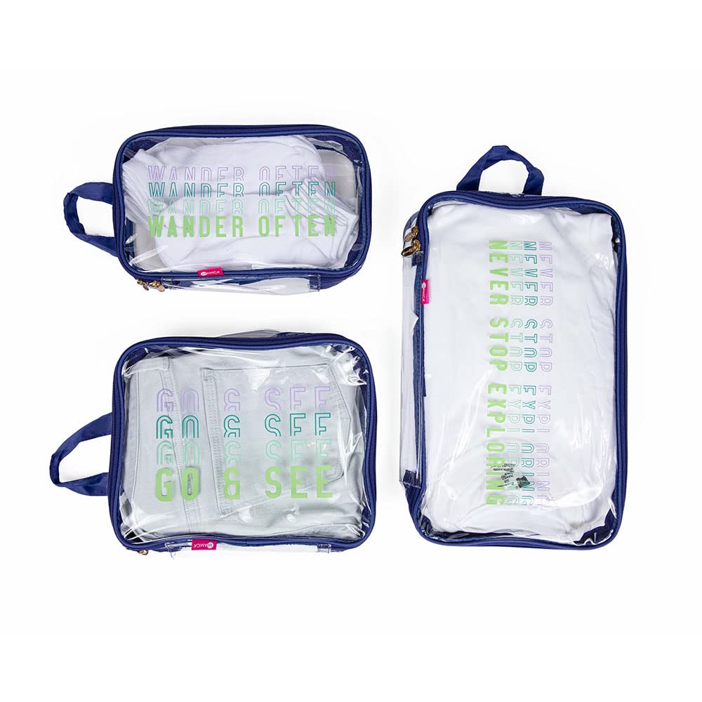 Miamica 3-Piece Packing Cubes Set - Small, Medium & Large Travel Organizers with Clear Blue Wander Design - Durable Suitcase Organizer for Clothes & Accessories - Perfect for Business Trips, Vacations & Weekend Getaways