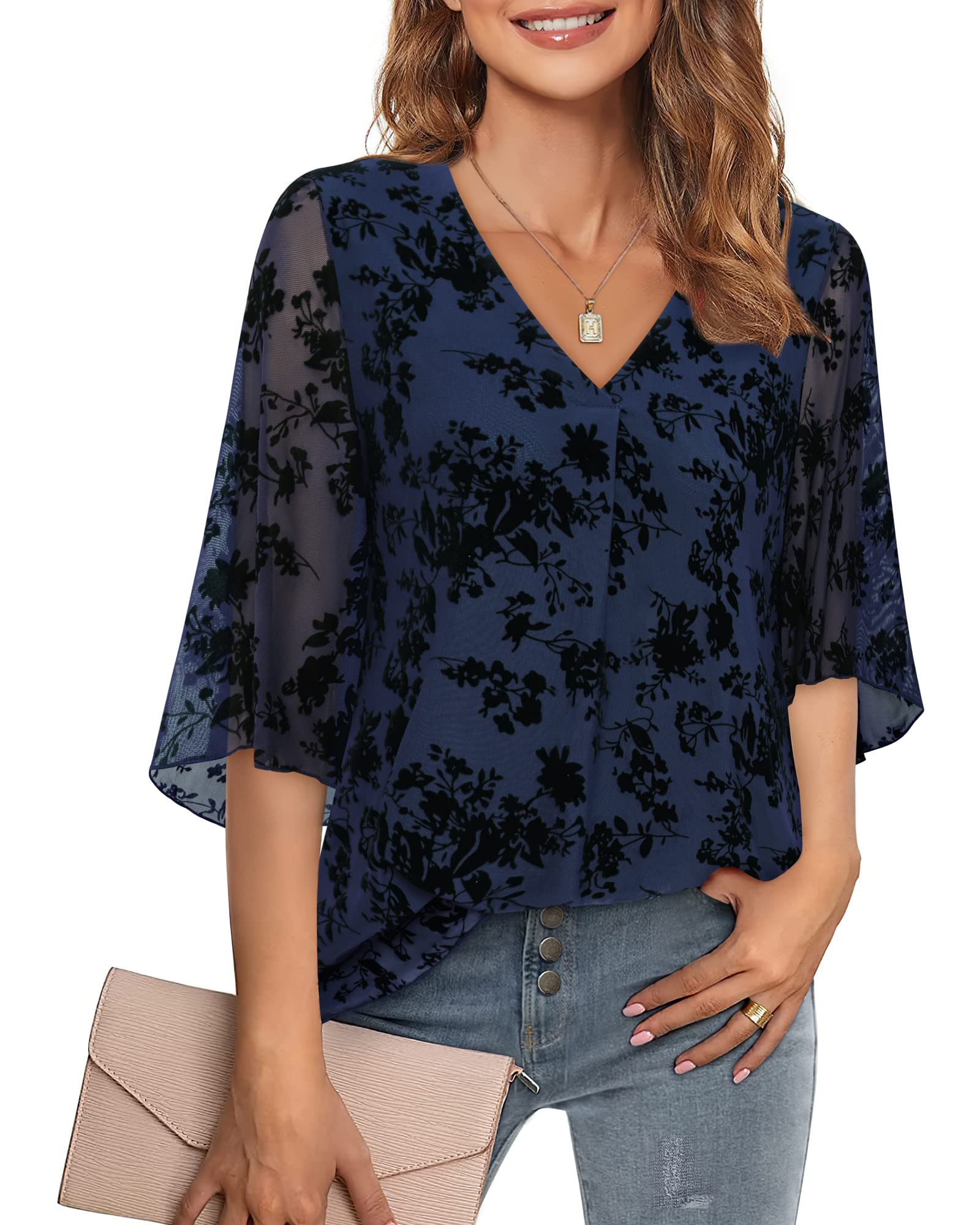 Bebonnie Women's Floral Mesh Bell Sleeve V-Neck Blouse - Elegant Flowy Dressy Top for Work, Party & Date Night