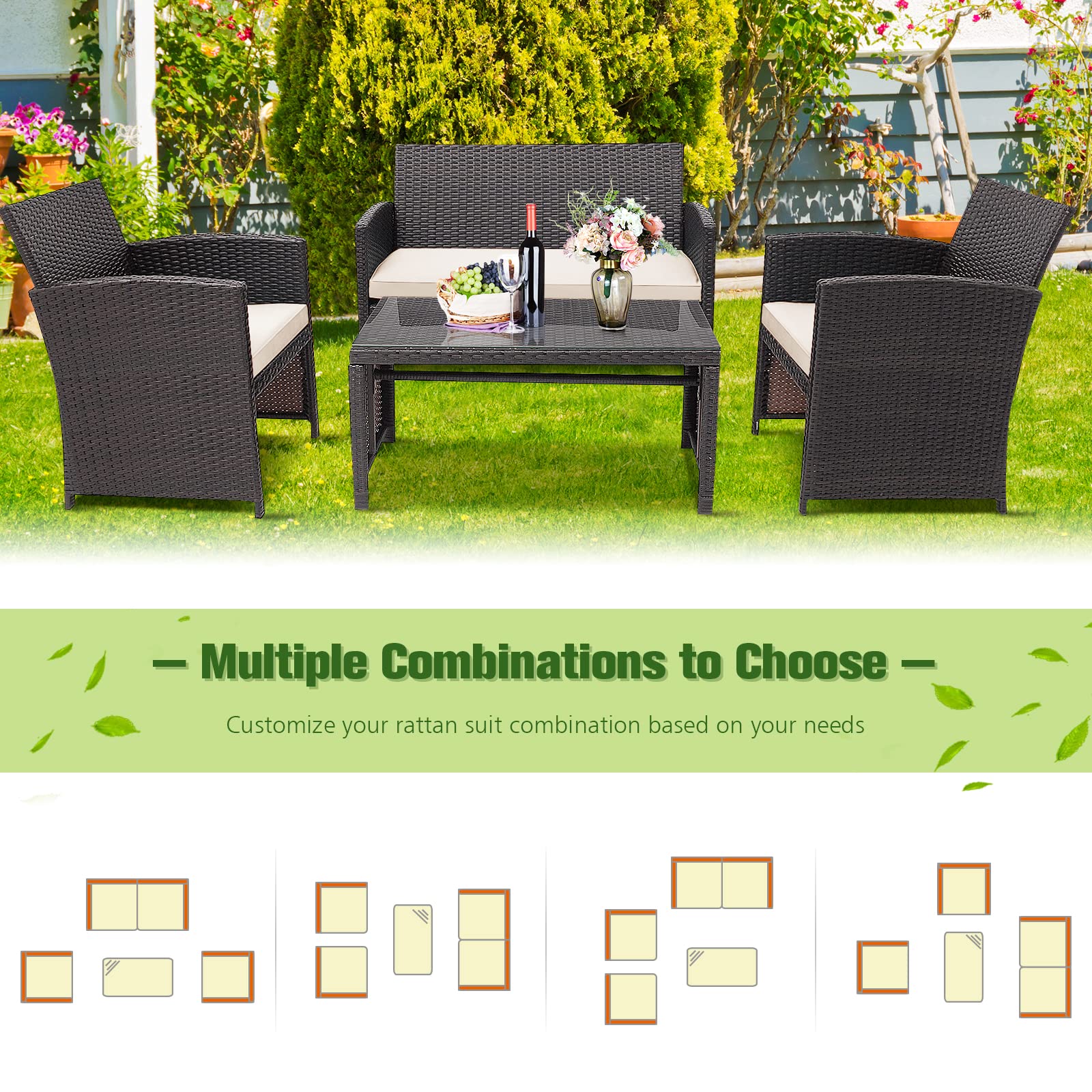 RELAX4LIFE 4-Piece Outdoor Patio Furniture Set with Cushions - Wicker Conversation Set Includes 2 Chairs, Loveseat & Tempered Glass Coffee Table - White Garden Furniture for Backyard, Porch, Poolside & Outdoor Entertaining
