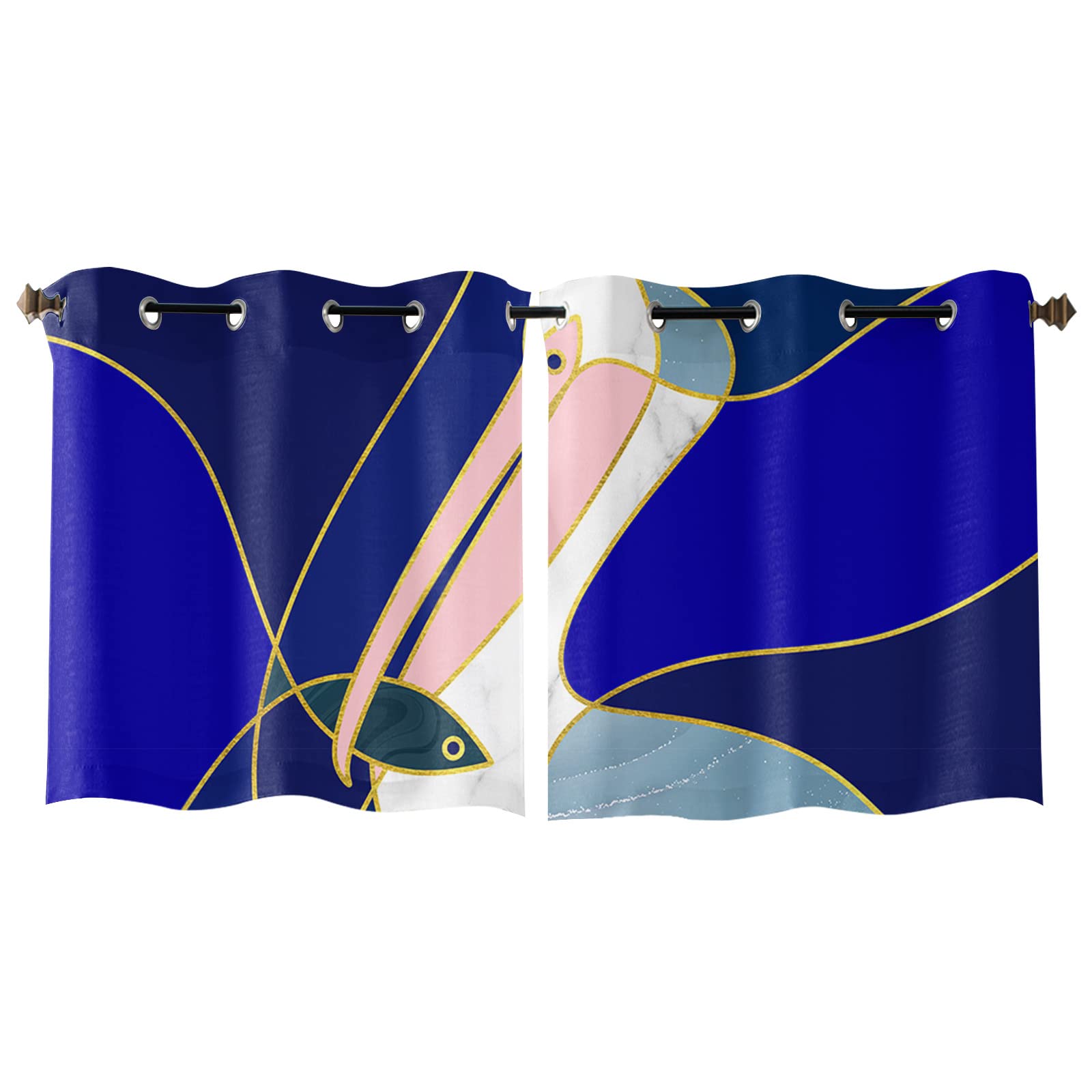 Abstract Golden Line Pelican with Fish Printed Grommet Top Curtains - 2 Panel Room Drapes for Bedroom, Living Room, Kitchen, Office & Cafe (Blue/White Art Design) - Perfect for Privacy, Home Decor & Window Treatment