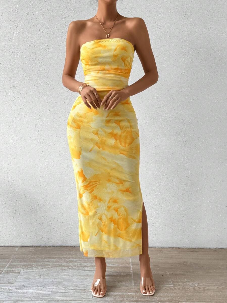 Women's Summer Floral Printed Strapless Tube Top Bodycon Maxi Dress with Side Slit & Mesh Layering - Perfect for Beach Vacations, Pool Parties and Date Nights