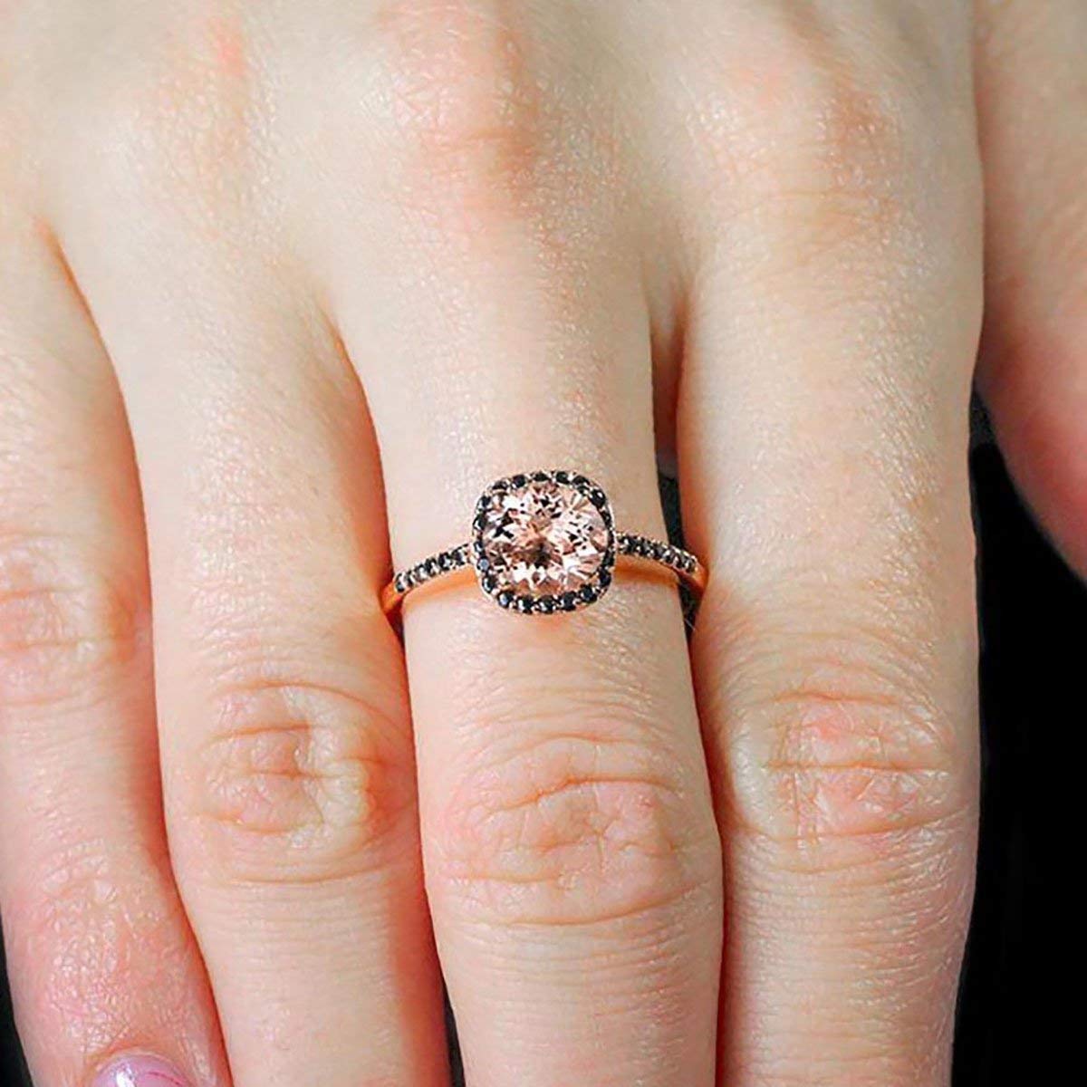 1.25 Carat Round Cut Morganite & Black Diamond Engagement Ring in 18K Gold Plating - Elegant Wedding, Proposal & Anniversary Jewelry Gift for Her