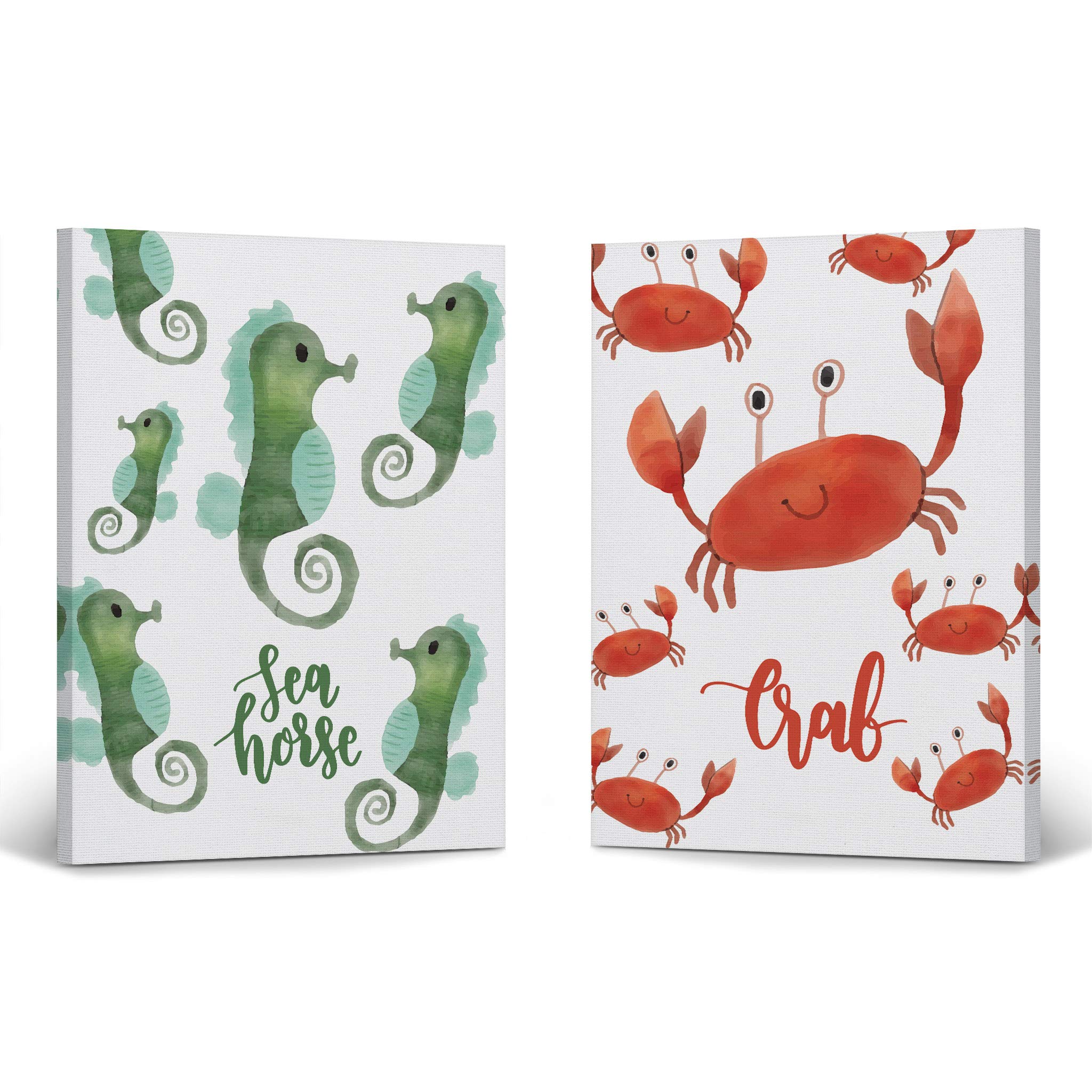 2-Piece Sea Horse & Crab Watercolor Canvas Prints Set - Undersea Theme Wall Art for Kids Room, Nursery Decor - Made in USA (40x30 inches, Rolled) | Perfect for Baby Boy & Girl Bedroom, Playroom, or Classroom Decor
