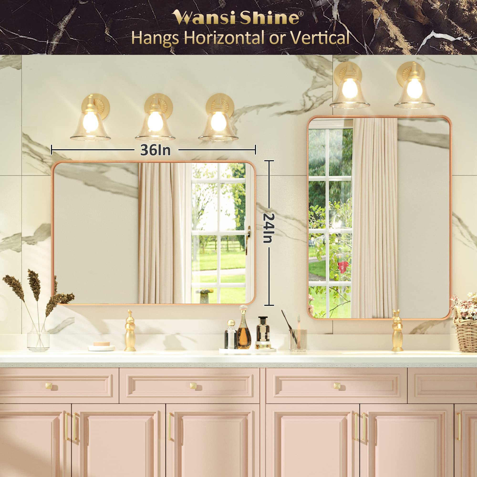 36x24 Inch Rose Gold Framed Bathroom Mirror - Modern Farmhouse Aluminum Vanity Mirror for Over Sink, Wall Mounted - Perfect for Bathroom Decor, Makeup Application & Home Renovation