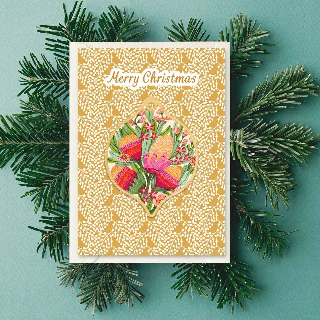 Premium Protea & Gum Flowers Australian Christmas Card & Bauble Set - Perfect for Holiday Greetings, Tree Decorations & Festive Gift Giving