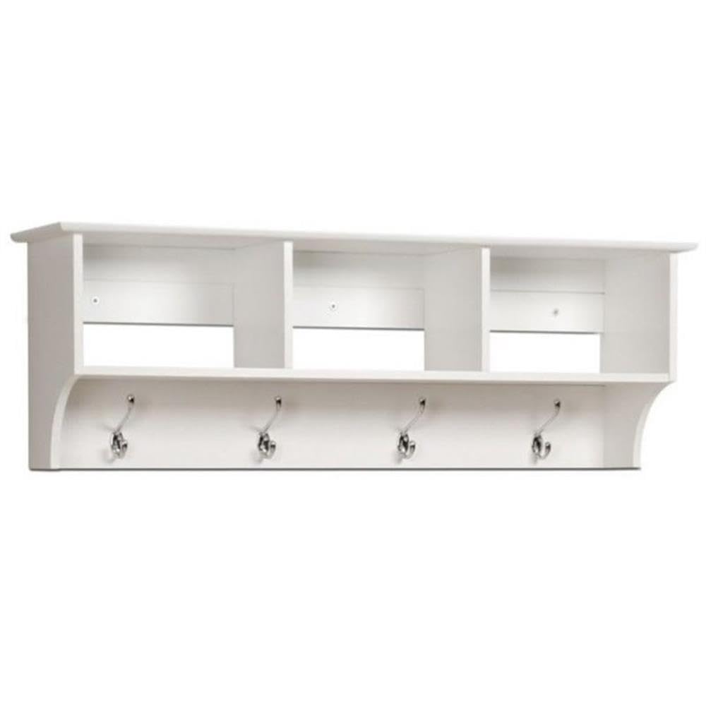 Prepac 48 Inch White Wall Mounted Coat Rack with 3 Shelves & Hooks - Modern Entryway Storage Solution for Hallway, Mudroom or Bedroom - 11.5