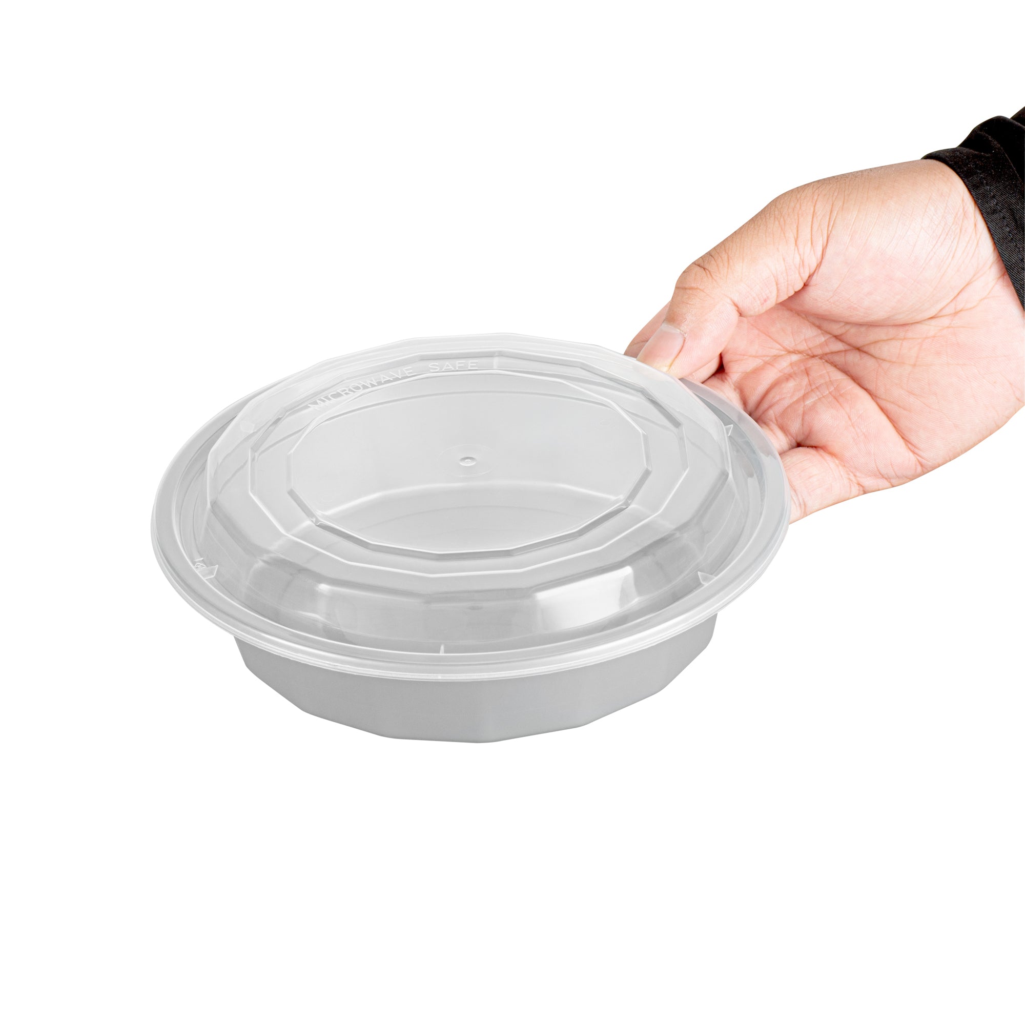 24 oz Round Silver Plastic Takeout Containers with Clear Lids - 100 Pack (7.25