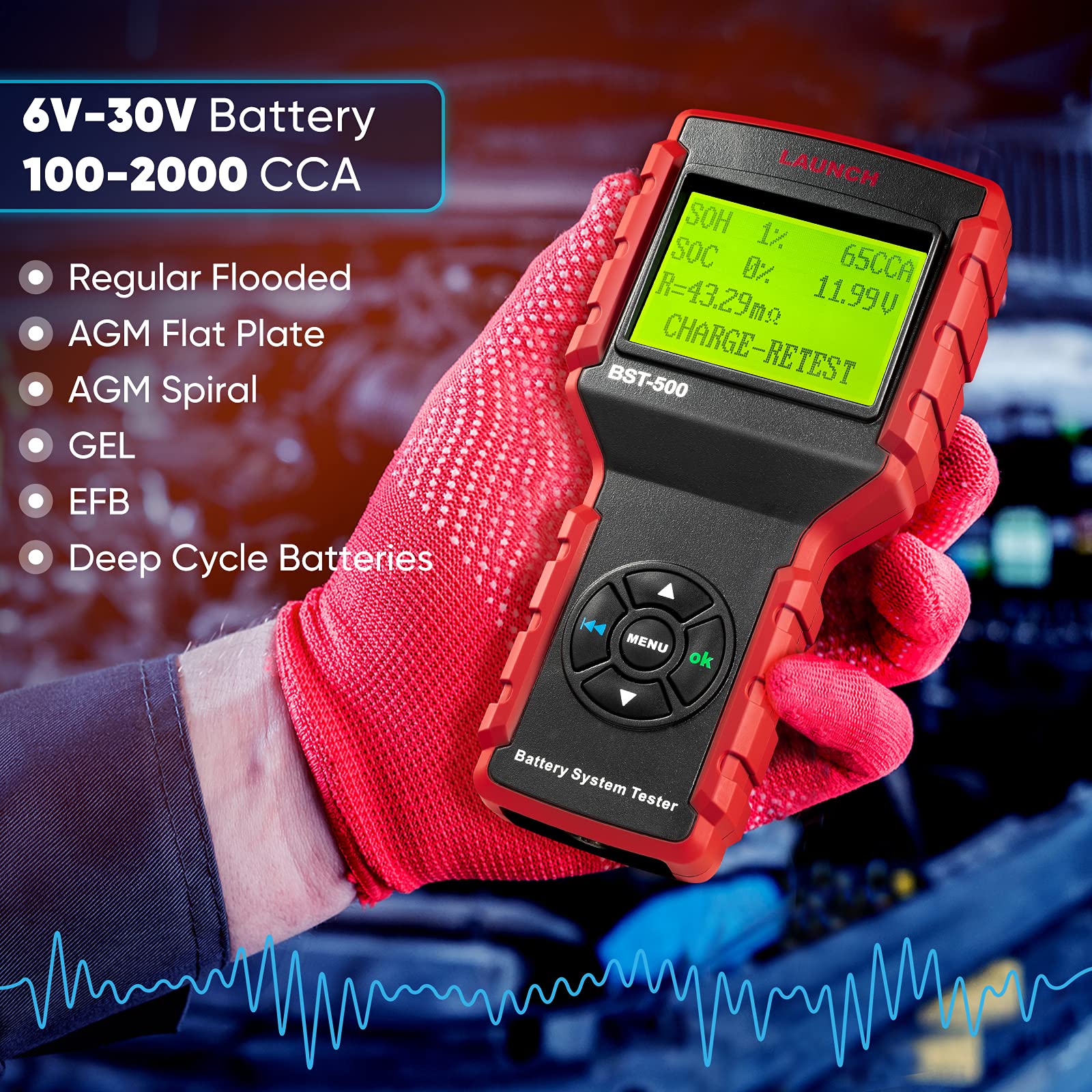 LAUNCH BST-500 12V/24V Car Battery Load Tester - 100-2000CCA Automotive Battery & Alternator Diagnostic Tool for Cars, Trucks, Boats, Lawn Mowers - Works with Flooded, AGM, Gel, EFB Batteries | Perfect for Mechanics, DIY Auto Repair & Fleet Maintenance