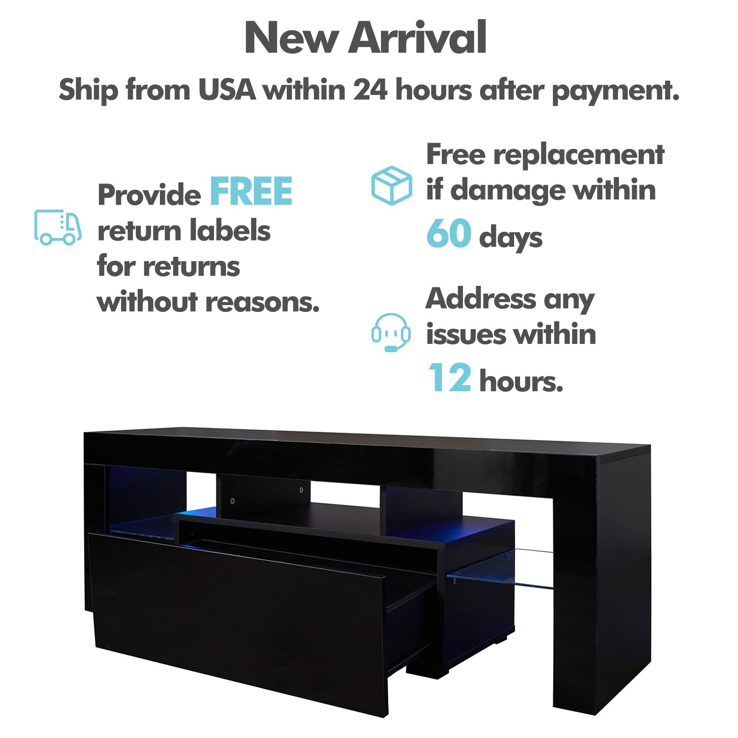Modern Black TV Stand with LED Lights & Storage for 40-55 Inch TVs - Gaming Entertainment Center & Media Console for Living Room, Bedroom & Home Theater