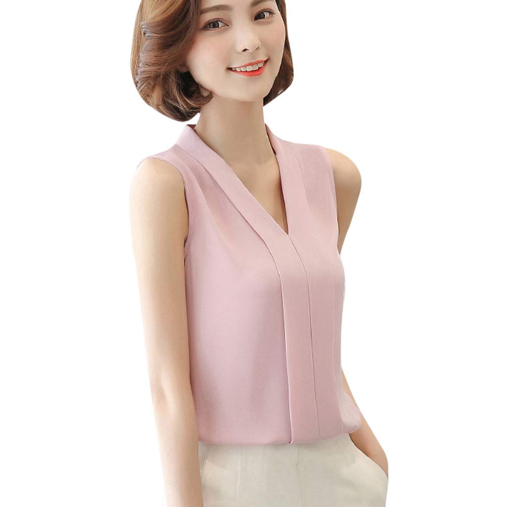 Women's Casual V-Neck Sleeveless Chiffon Blouse - Korean Fashion Office Work Shirt for Professional & Everyday Wear