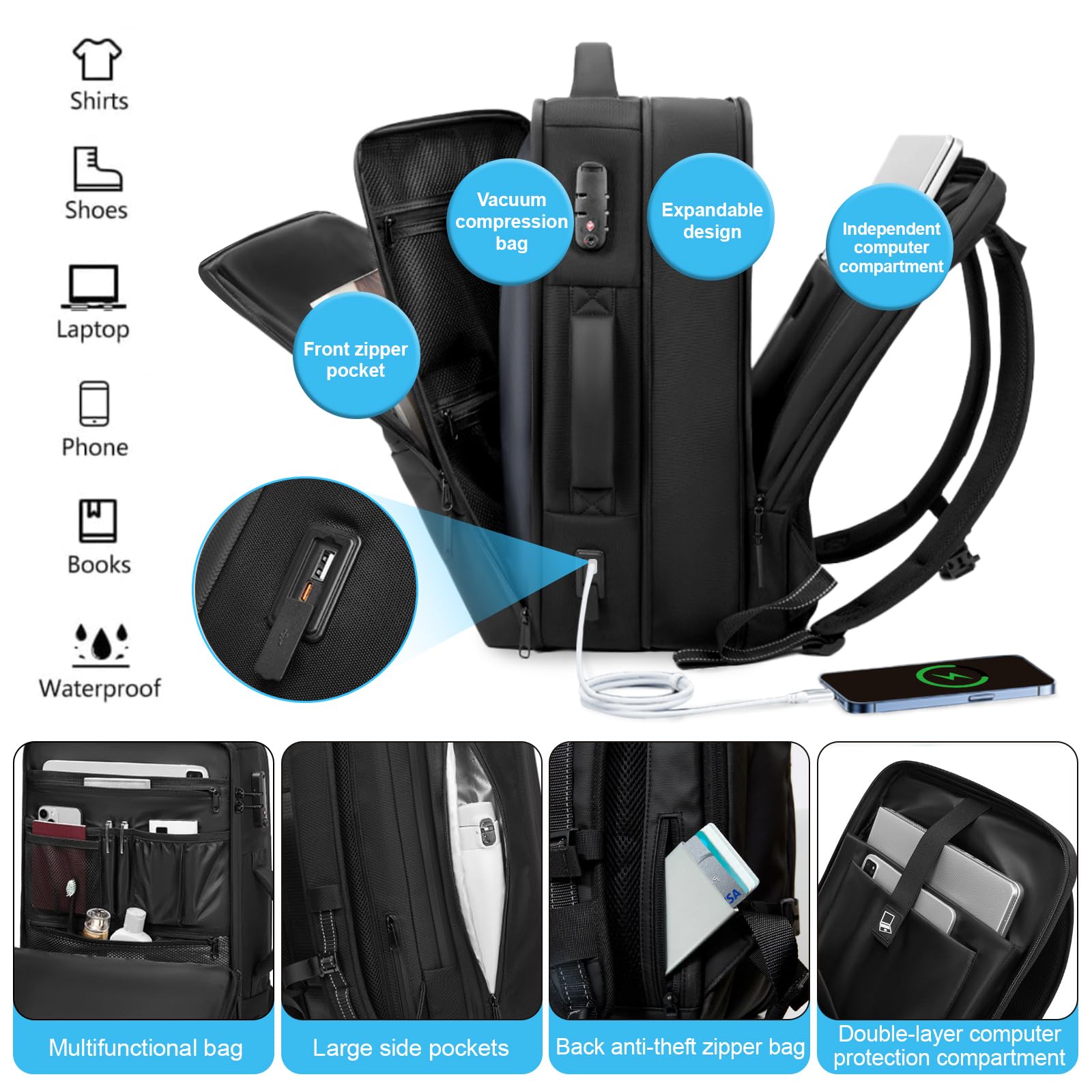 Zurligi 70L Expandable Travel Backpack with Vacuum Compression System & Air Pump - Waterproof Hiking Backpack with USB Charging Port, TSA Lock for Laptop - Perfect for Business Trips, College, Camping & Weekend Getaways