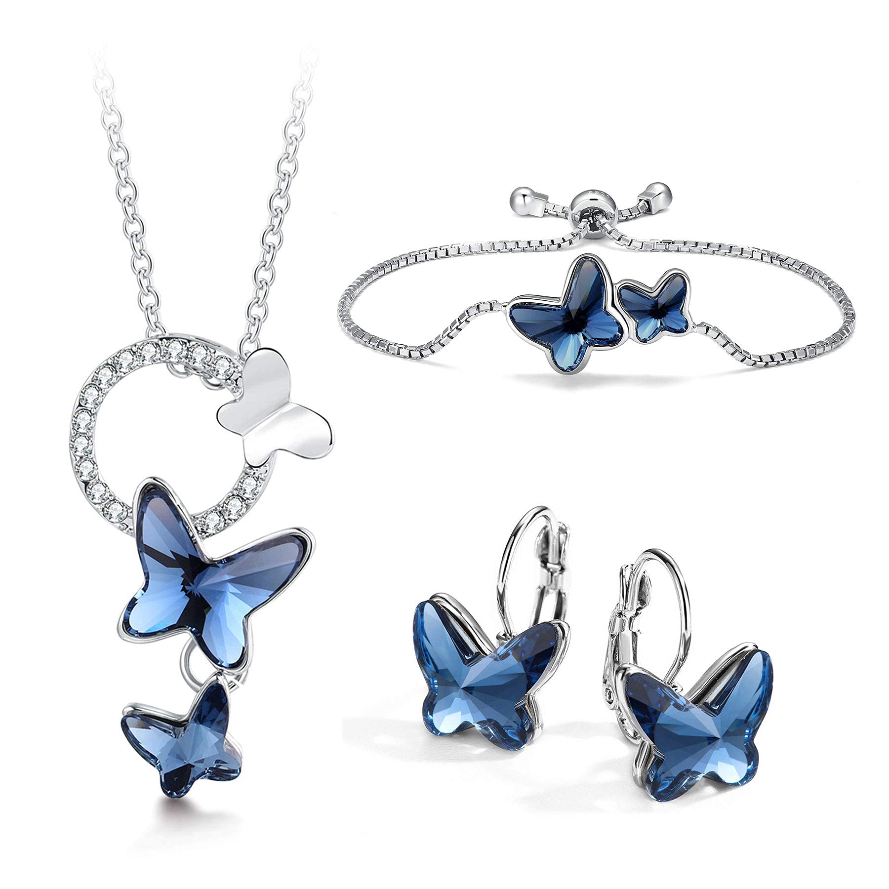 T400 Blue Butterfly Crystal Pendant Necklace Set with Leverback Earrings & Bangle Bracelet - Elegant Jewelry Gift for Women & Girls | Perfect for Birthday, Anniversary & Special Occasions