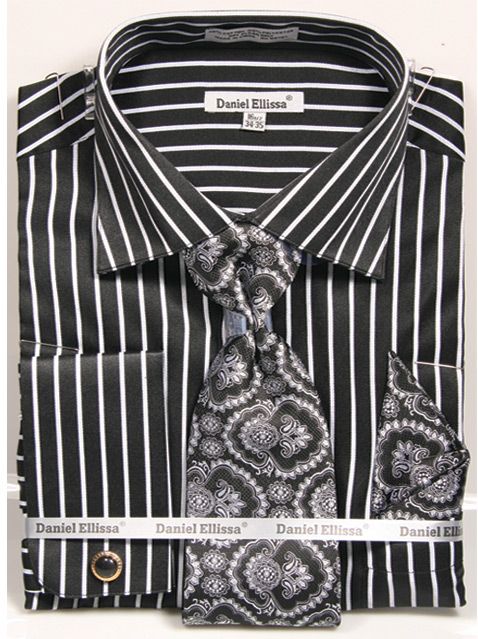 Premium French Cuff Dress Shirt Set - Classic Black & White Bold Stripe Formal Shirt with Matching Cufflinks, Silk Tie & Pocket Square | Business Attire, Office Wear, Wedding & Special Occasion Outfits