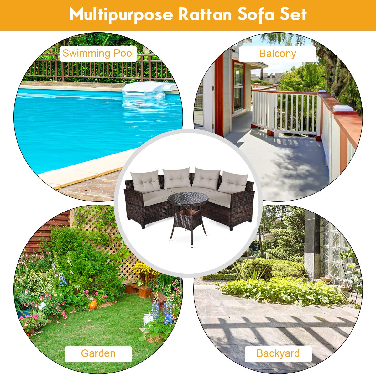 HappyGrill 4-Piece Curved Outdoor Sofa Set - Rattan Wicker Patio Furniture with Coffee Table & Cushions - Modern Conversation Set for Garden, Poolside, Balcony | Perfect for Backyard Relaxation & Outdoor Entertaining