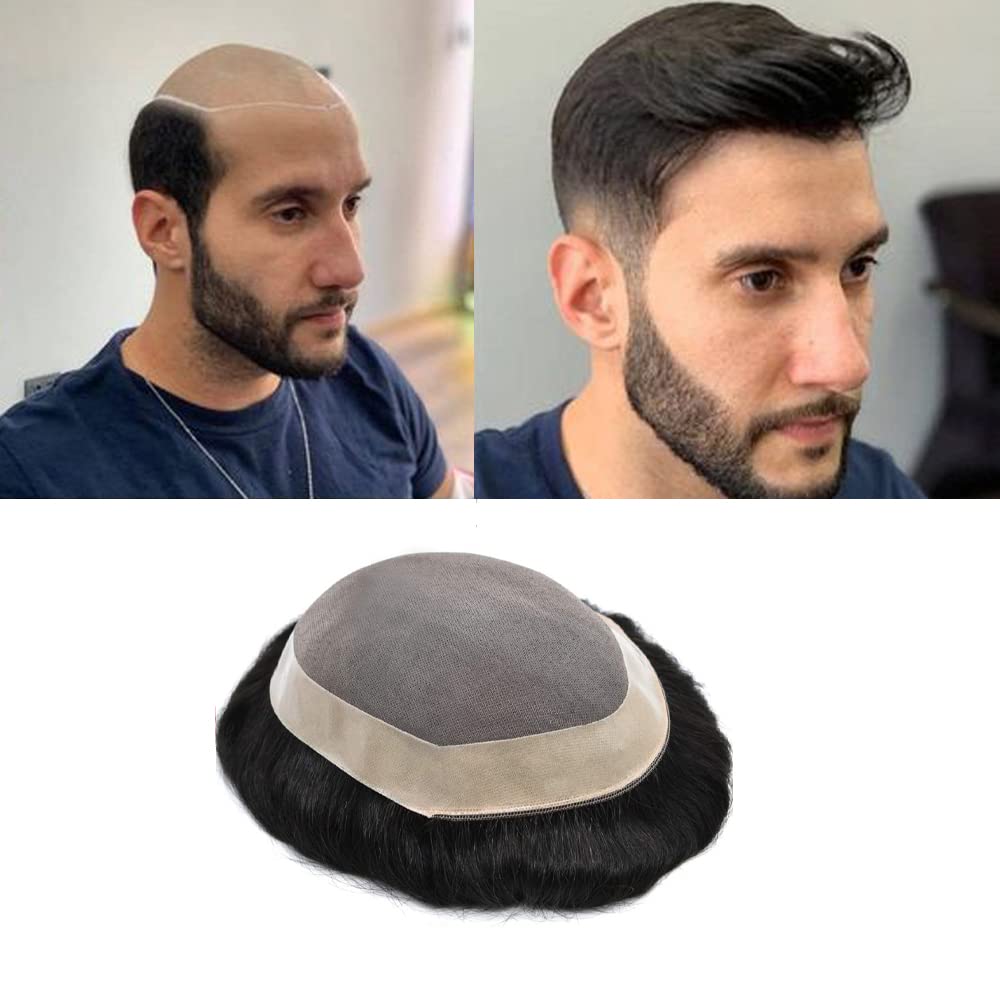 Premium Men's Toupee - 100% European Real Human Hair Replacement System | Comfortable & Durable Hairpiece for Men (7x10, Jet Black #1, Medium-Light Density) | Perfect for Daily Wear, Special Occasions & Hair Loss Solutions