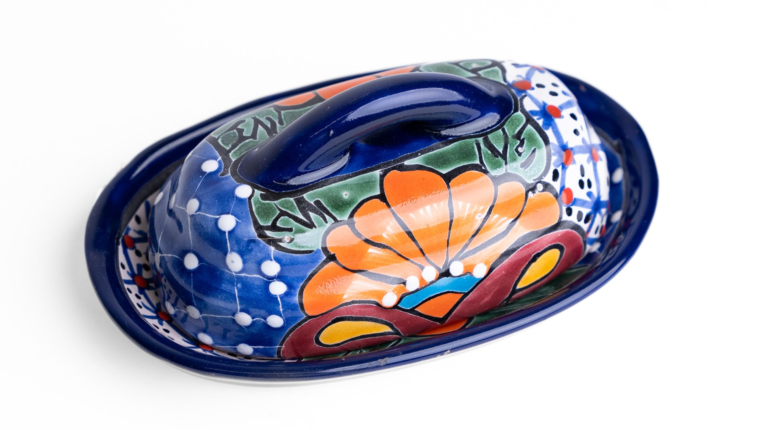 Hand-Painted Authentic Mexican Talavera Ceramic Butter Dish with Lid - Floral Design Kitchen Decor for Dining Table & Breakfast Buffet (Blue)