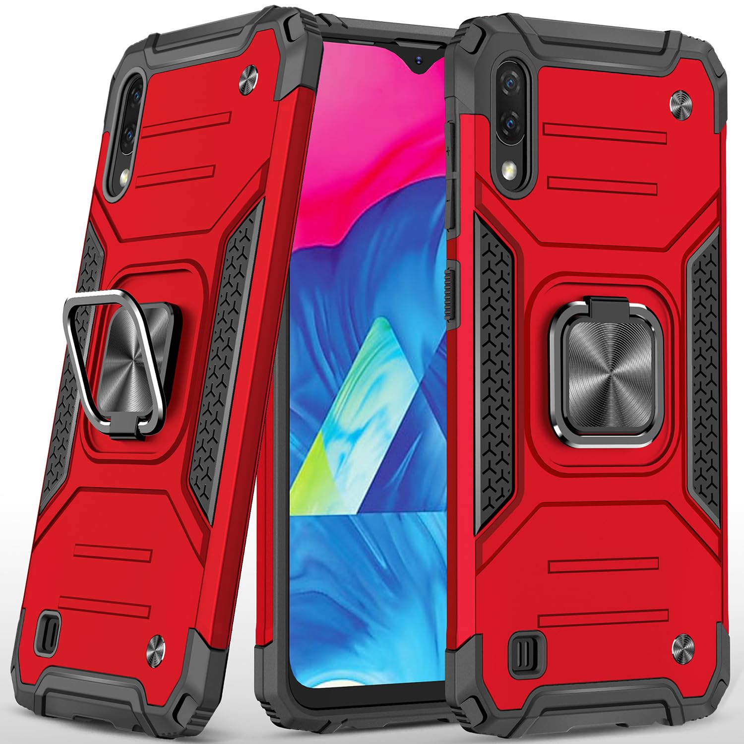 Military Grade Shockproof Case for Samsung Galaxy A10 & M10 with Built-in Kickstand - Heavy Duty Protective Cover with Holster Armor (Red) - Perfect for Outdoor Activities, Work & Travel