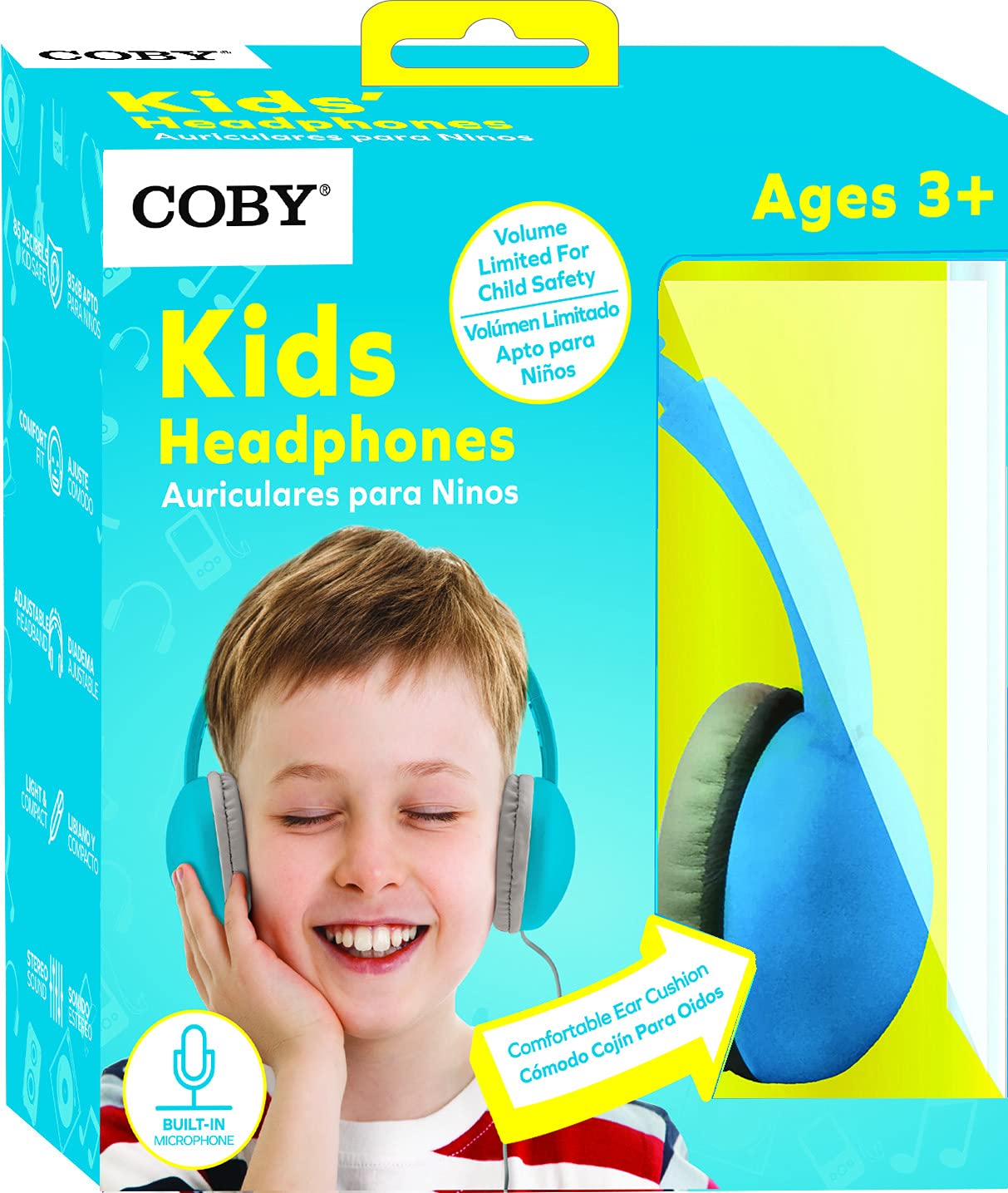 Coby Wired Kids Headphones with Microphone - 85dB Volume Limiting, Lightweight Over-Ear Headphones for Children, Noise Isolation, Safe for School & Travel (Blue) - Perfect for Online Classes, Airplane Trips & Home Learning