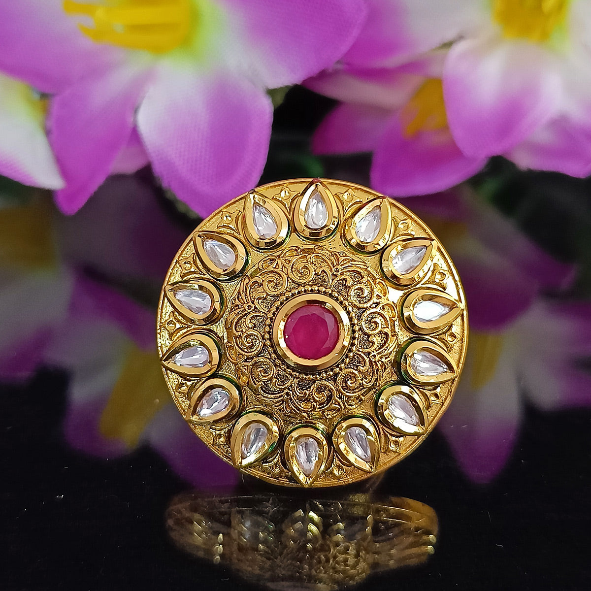 Exquisite Gold Plated Royal Kundan & Ruby Red Beaded Ring - Elegant Indian Jewelry for Women | Perfect for Weddings, Parties & Special Occasions