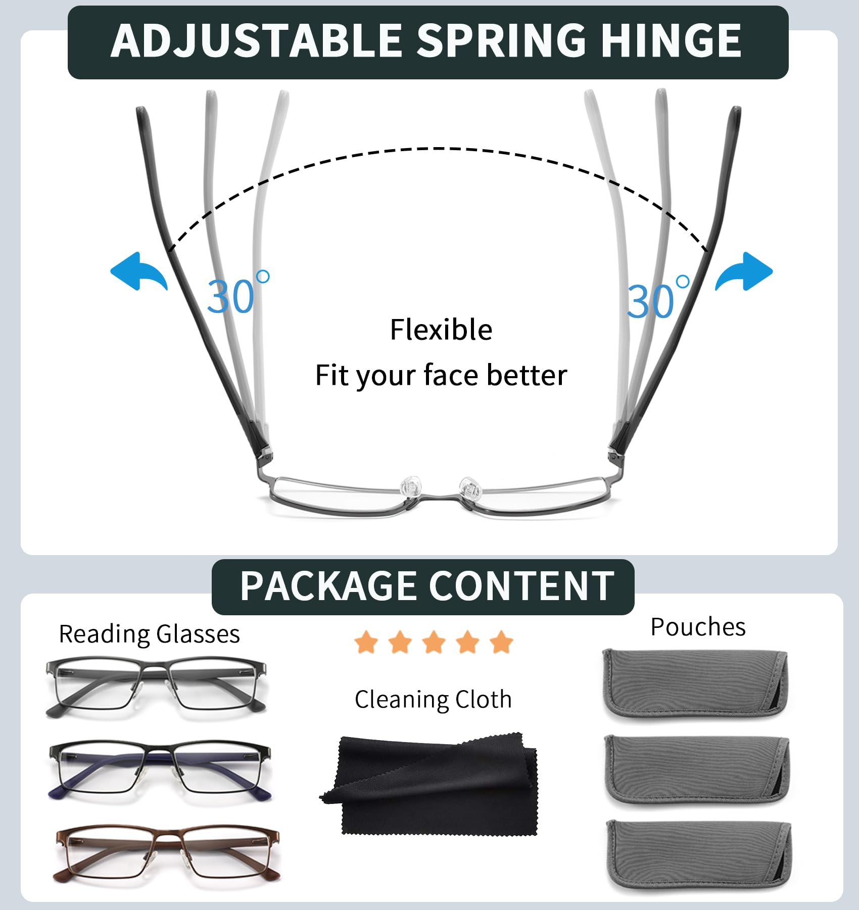 3 Pack Blue Light Blocking Reading Glasses for Men - Anti Eyestrain & UV Protection with Spring Hinge - Comfortable Readers for Computer Work, Gaming & Office Use