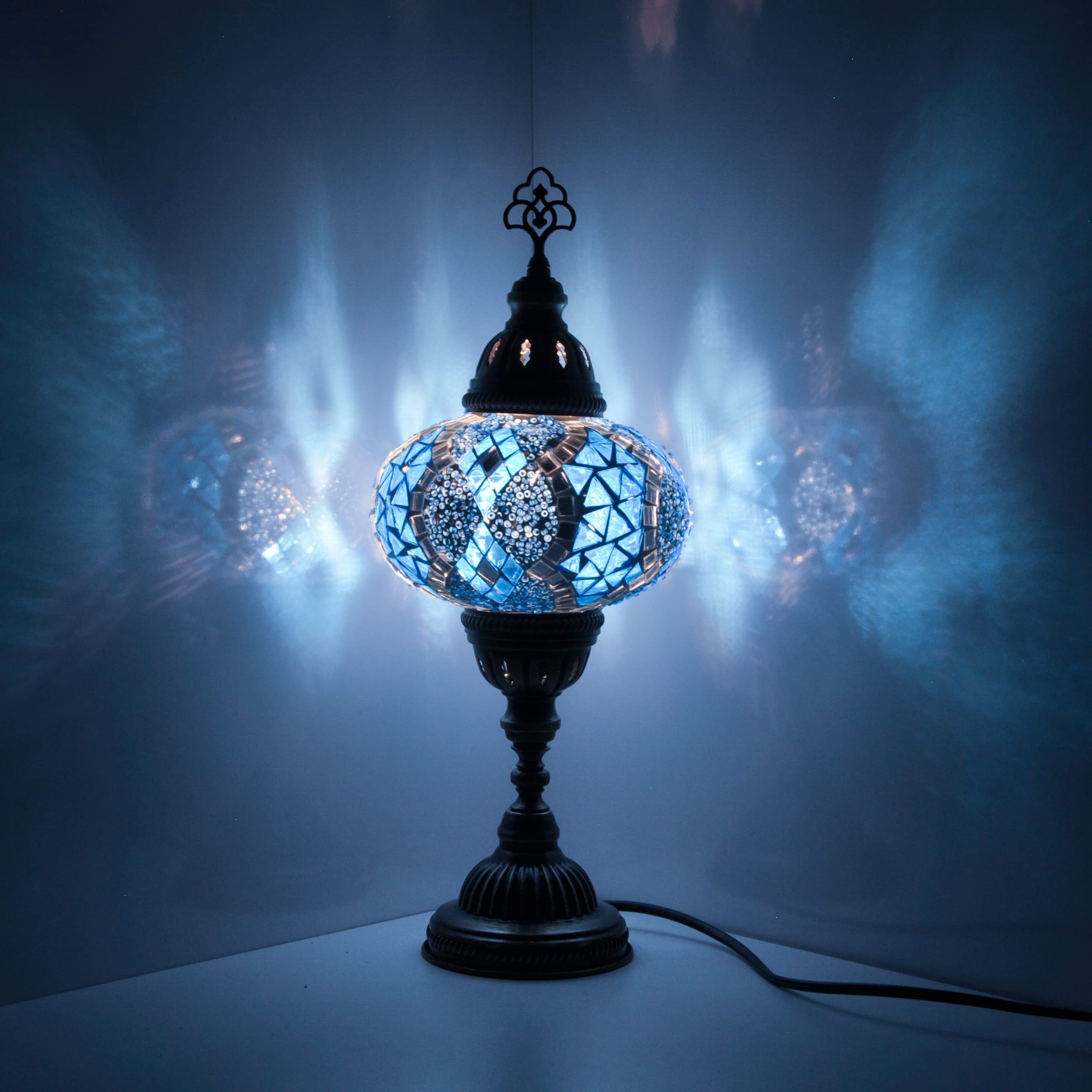 10 Styles Mosland Handmade Turkish Mosaic Table Lamp - Bronze Base Moroccan Tiffany Night Light with LED Bulb | Blue Glass Bedside Lamp for Living Room, Bedroom & Home Decor