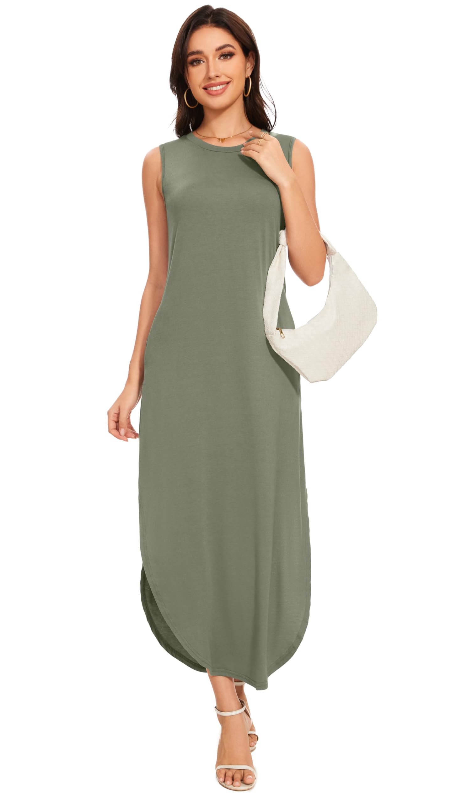 Women's Loose Fit Sundress - Crewneck Casual Sleeveless Maxi Dress with Side Slit & Pockets | Summer Beach Wear, Vacation Outfit, Boho Chic Dress for Outdoor Parties & Date Nights