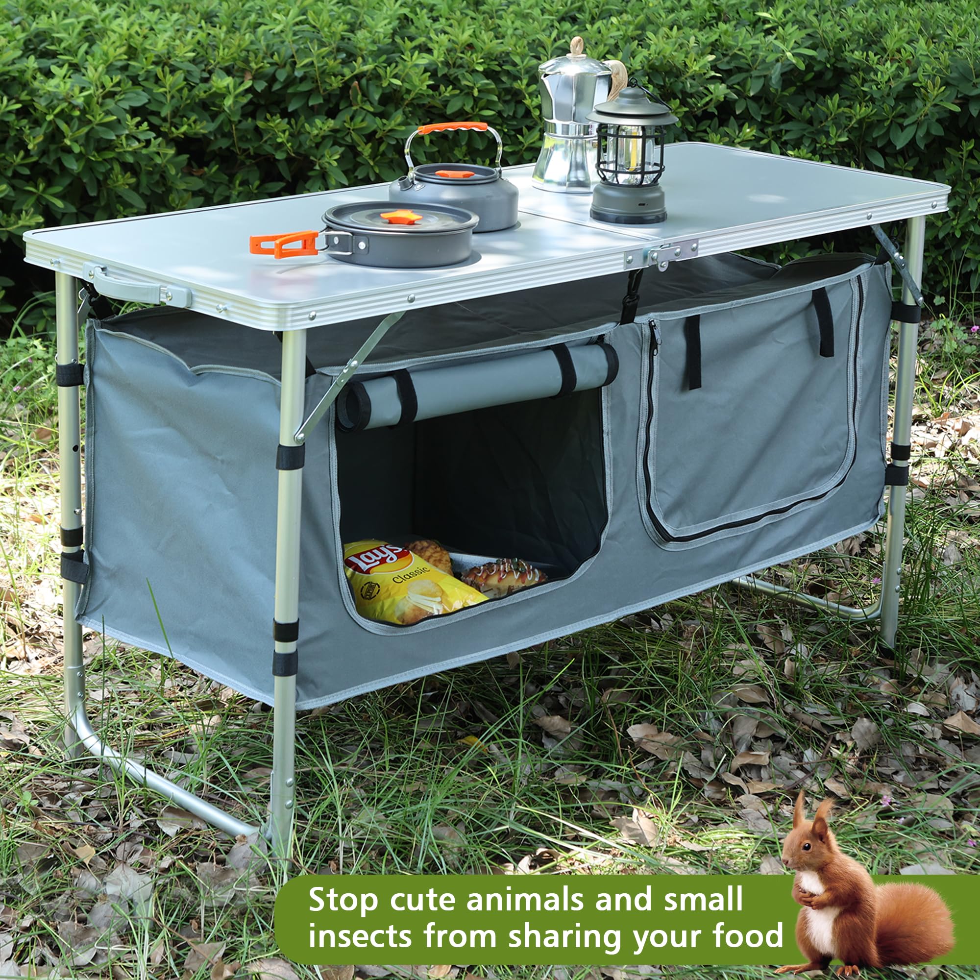 Portable Folding Camping Table with Storage - Lightweight Adjustable Height (3 Settings) Outdoor Kitchen Table for BBQ, Picnic, Beach, Hiking - Perfect for Camping Trips, Tailgating & Indoor Use