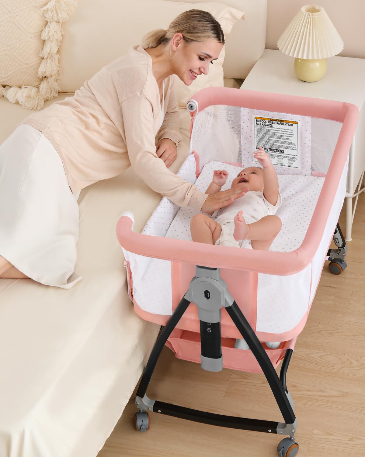 3-in-1 Adjustable Baby Bassinet with Breathable Mesh & Wheels - 6 Height Settings, Foldable Design, Mosquito Net & Storage Basket - Perfect for Bedside Sleeping, Nursery, and Travel (Pink)