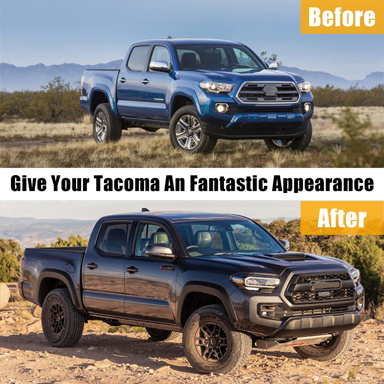 2016-2022 Toyota Tacoma Front Bumper Grille Hood Grill - Matte Black Hollow Mesh Design with Accessories | Off-Road Upgrade & Custom Styling for Pickup Trucks