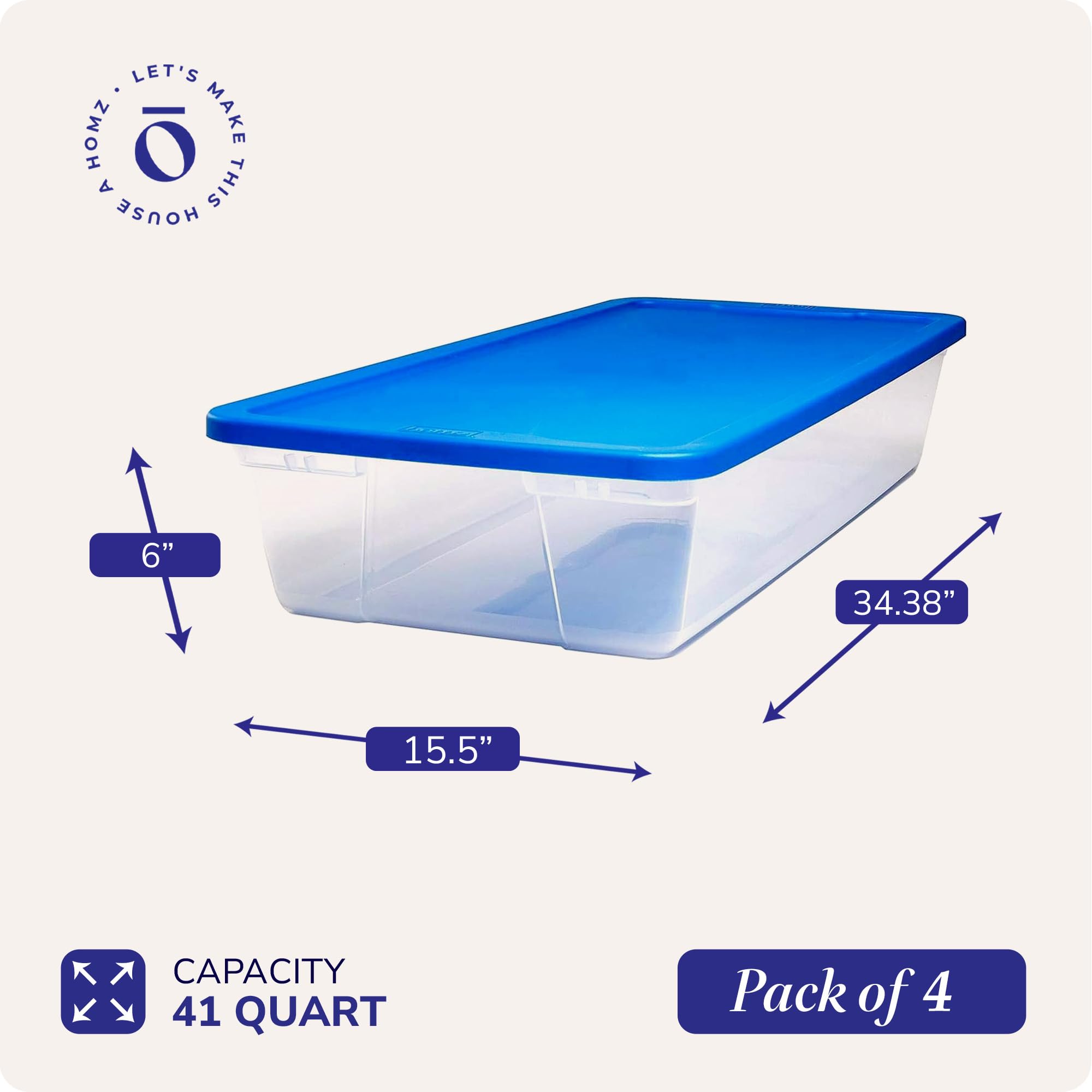 HOMZ 4-Pack Large Clear Plastic Storage Bins with Secure Lids - 41 Quart Organizing Containers for Home, Office & Closet Storage - Stackable & Durable Blue Bins for Clothes, Toys & Seasonal Items