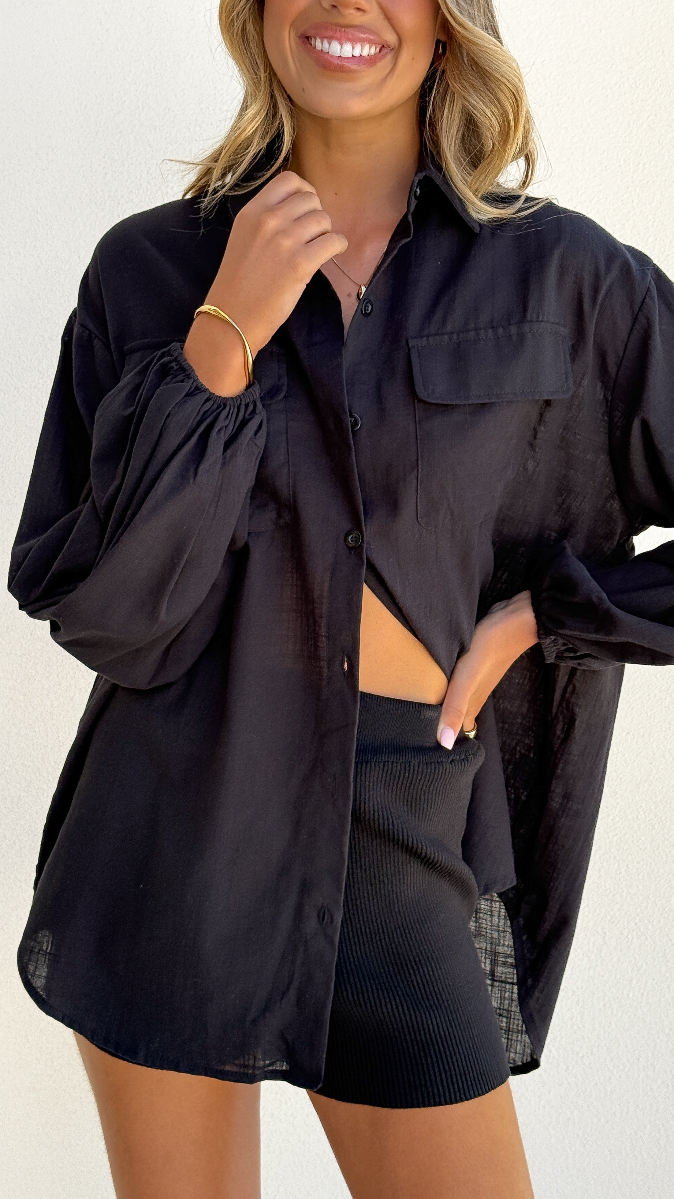 Bianca Oversized Button Up Shirt for Women - Black Cotton Long Sleeve Blouse - Casual Office Wear & Layering Essential