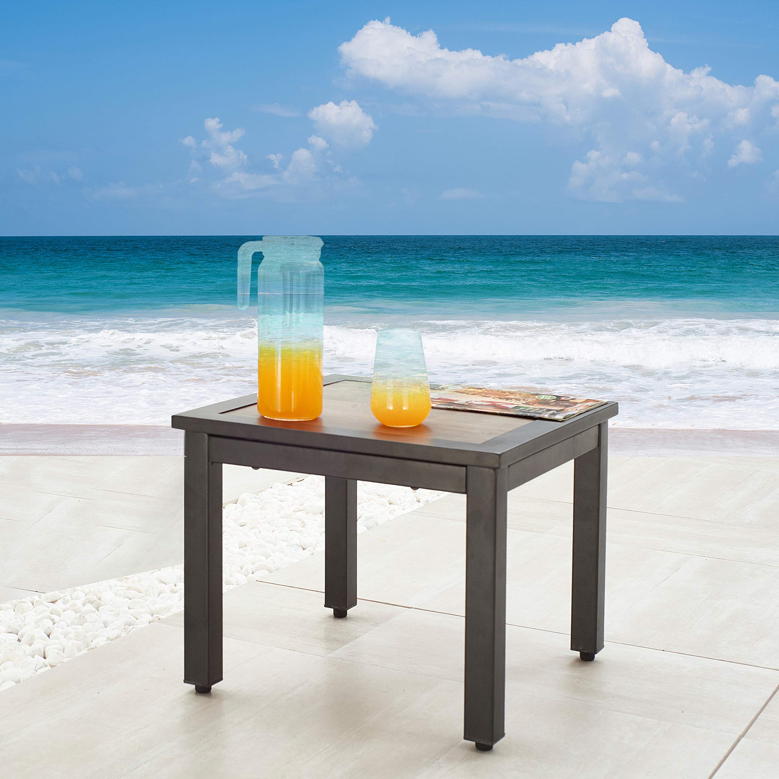 Outdoor Patio Side Table - Square Metal Frame with Wooden Finish Top, Steel Legs for Poolside, Deck, Garden - Perfect for BBQs, Lounging & Entertaining (Brown)
