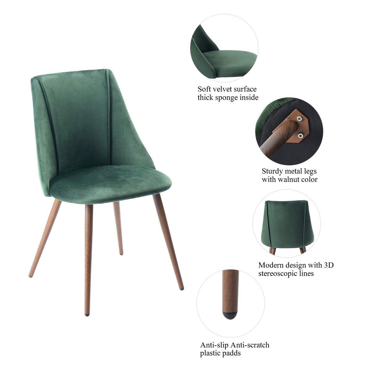 COZYCASA Velvet Dining Chairs Set of 2 - Mid-Century Modern Style Kitchen & Dining Room Accent Chairs with Sturdy Metal Legs - Comfortable for Kitchen, Lounge & Farmhouse Decor - Elegant Green Velvet Upholstery - Perfect for Dinner Parties, Breakfast Nooks & Home Office Seating